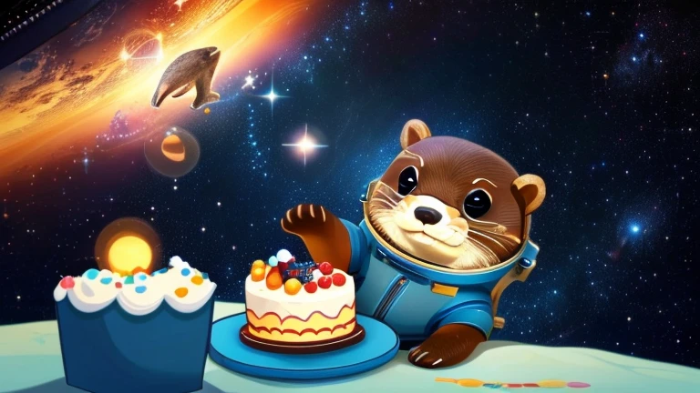 there is a cartoon otter in a space suit floating in the air, outter space, outerspace, outer space, anthropomorphic otter in spacesuit, in outer space, cute otter, otter wearing a spacesuit, anthropomorphic furry otter wearing space suit, from outer space, dreaming of outer space, fantasy otter love, otter, cute otter sailor eat cake, beautiful galaxies and bright stars in the background