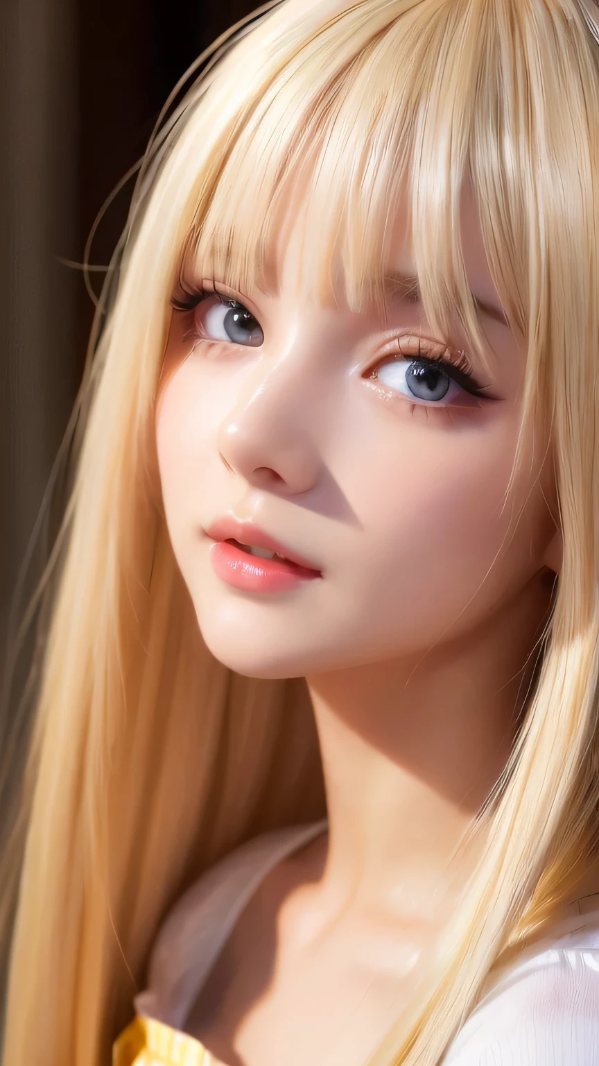 (Close-up:1.4)、(RAW shooting:1.2)、(Photorealistic:1.4)、(masterpiece:1.3)、(highest quality:1.4)、Bright expression、Very beautiful natural platinum blonde girl、Extraordinary platinum blonde beauty、Detailed cute and beautiful face、Beautiful bangs above the eyes、Shiny white glossy skin、Facial hair、Bangs that reach the face、Bangs between the eyes、Super long white blonde hair、Attractive bright natural platinum blonde super long straight silky hair、Thin Hair、Attractive shining beautiful bright clear light blue big eyes、White Apron、Yellow dress、eyeliner、Double eyelids、Ample Bust、Upper body、Small Face Beauty、Cheek gloss highlight