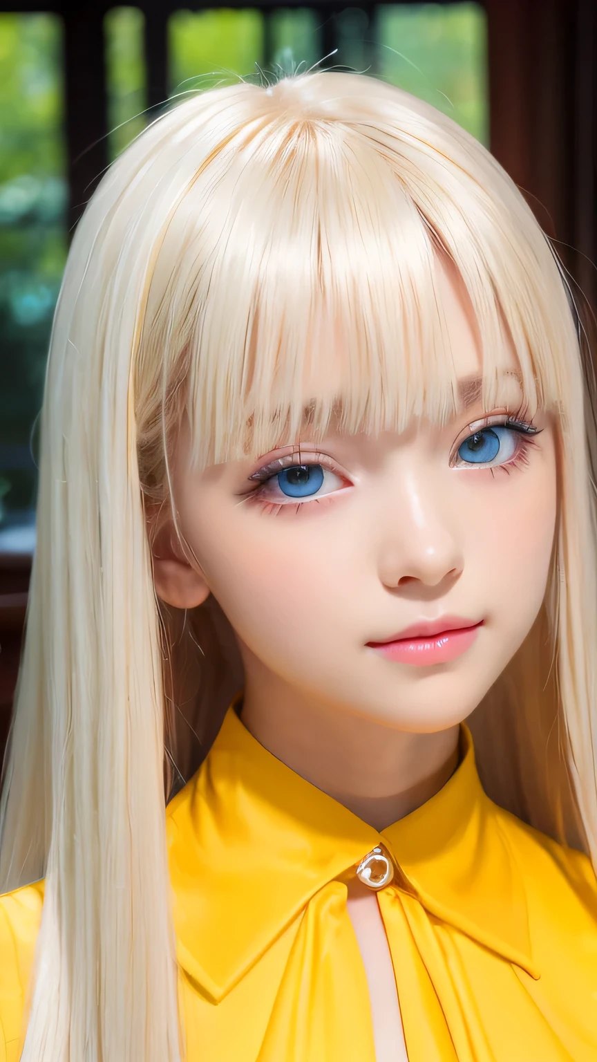 (Close-up:1.4)、(RAW shooting:1.2)、(Photorealistic:1.4)、(masterpiece:1.3)、(highest quality:1.4)、Bright expression、Very beautiful natural platinum blonde girl、Extraordinary platinum blonde beauty、Detailed cute and beautiful face、Beautiful bangs above the eyes、Shiny white glossy skin、Facial hair、Bangs that reach the face、Bangs between the eyes、Super long white blonde hair、Attractive bright natural platinum blonde super long straight silky hair、Thin Hair、Attractive shining beautiful bright clear light blue big eyes、White Apron、Yellow dress、eyeliner、Double eyelids、Ample Bust、Upper body、Small Face Beauty、Cheek gloss highlight