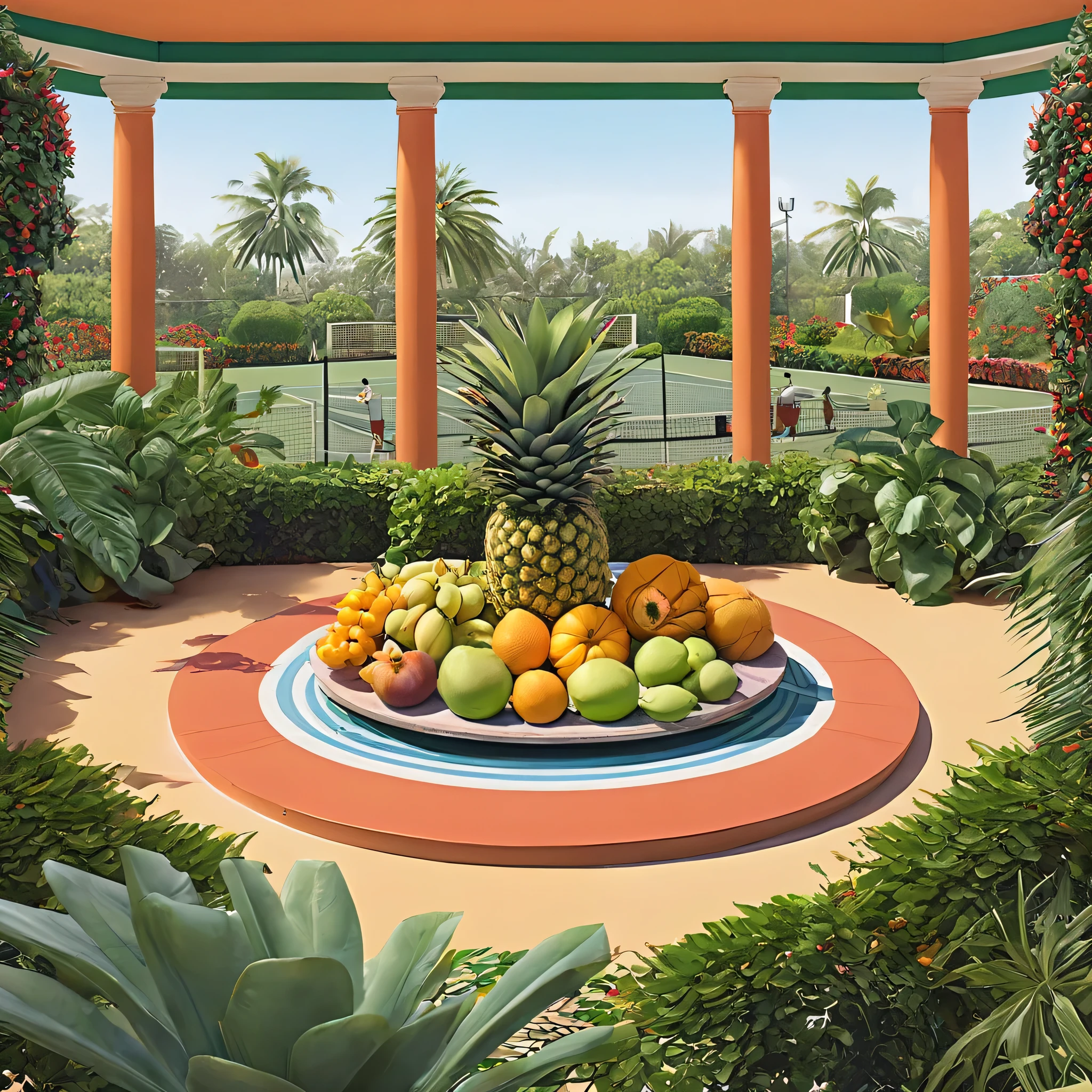 italian fruits, tennis club, and tropical plants overlapping together, symmetrical