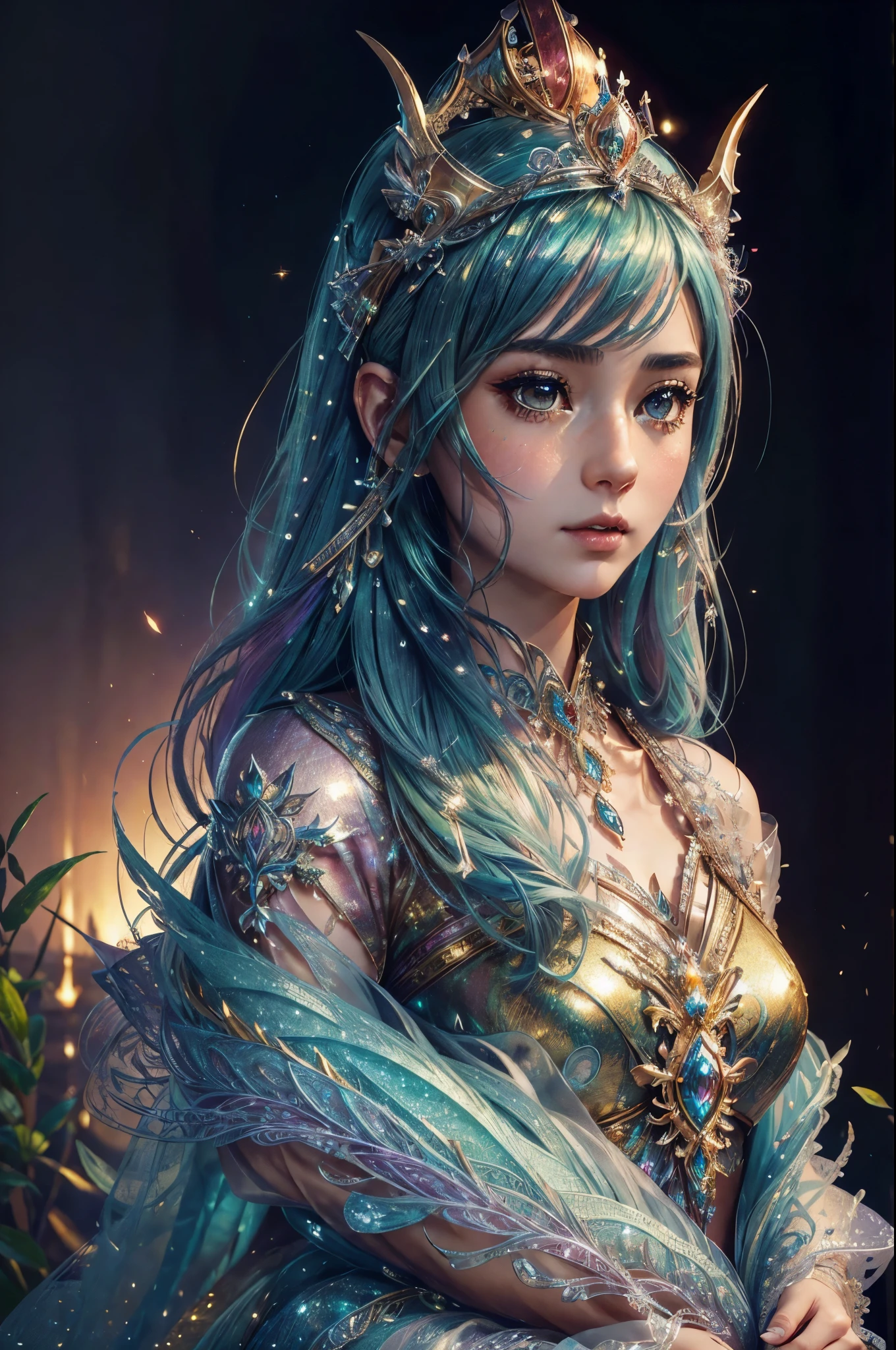 This is a highly detailed and semi-realistic fantasy art image with beautiful layers of shimmer, glimmering silks, and a glittering aesthetic. Create a beautiful and bold dragon woman. The woman resembles (((an elegant queen))). She should have intricate and elegant horns, detailed and multi-colored scales, and a striking face. Her eyes are highly detailed with natural shading and realistic details. Include small and ornate details like smaller dragons and bright feathers. Use soft pastel hues with unexpected pops of bright color. Use compelling composition techniques and dynamic facial expressions to create a cinematic and unforgettable atmosphere. (((masterpiece))), (((best quality))), ((ultra-detailed)), (highly detailed CG illustration)
