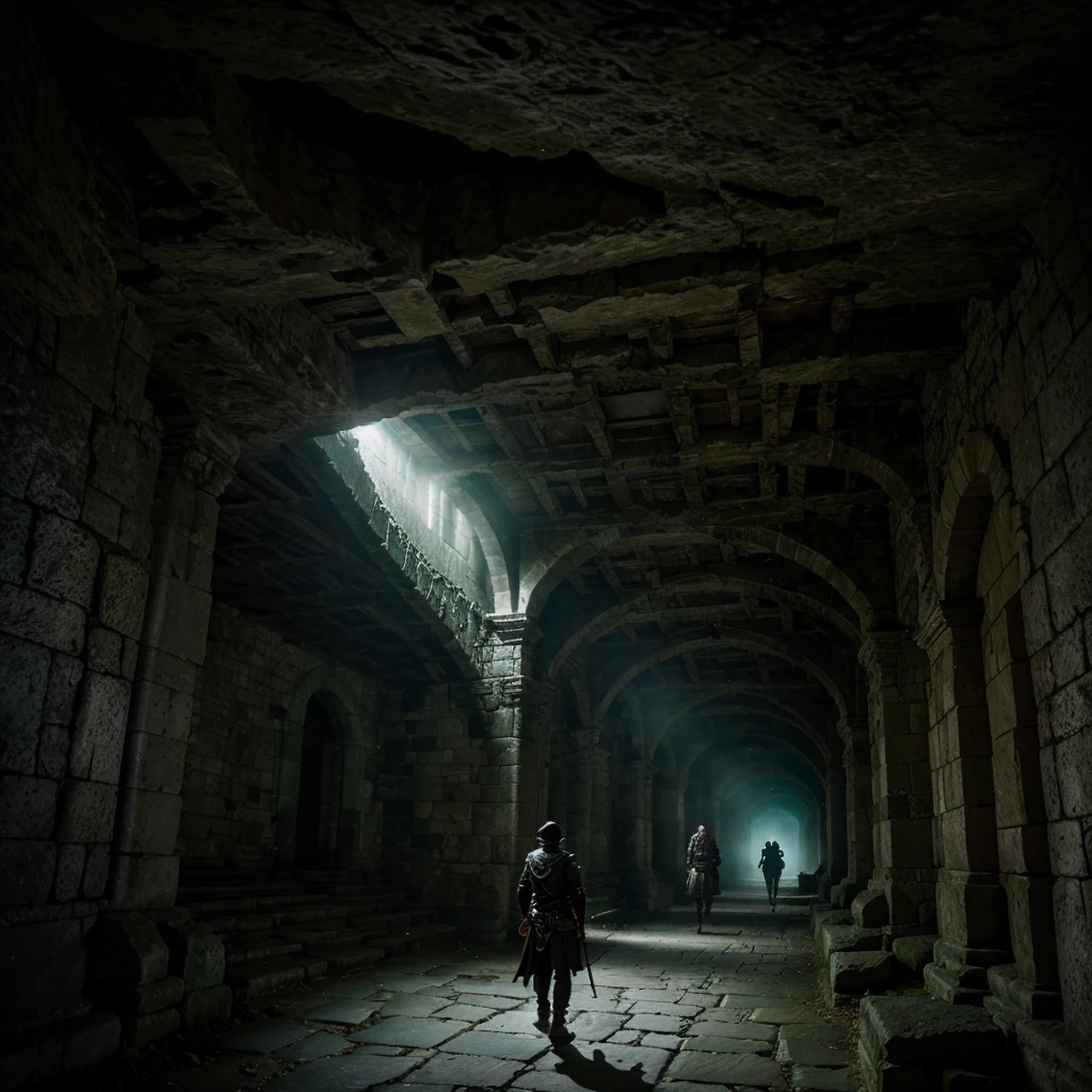 a group of adventurers exploring a dark, mysterious dungeon,unpredictable magical encounters,breathtaking landscapes,highly-detailed characters and creatures,(best quality,4k,8k,highres,masterpiece:1.2),ultra-detailed,(realistic,photorealistic,photo-realistic:1.37),fantasy-themed,mystical atmosphere,ancient ruins,glowing artifacts,dangerous traps and puzzles,magical weapons and armor,epic battles,elaborate underground tunnels,treasure-filled chambers,ominous whispers echoing through the corridors,dramatic lighting,haunting shadows,tension and suspense