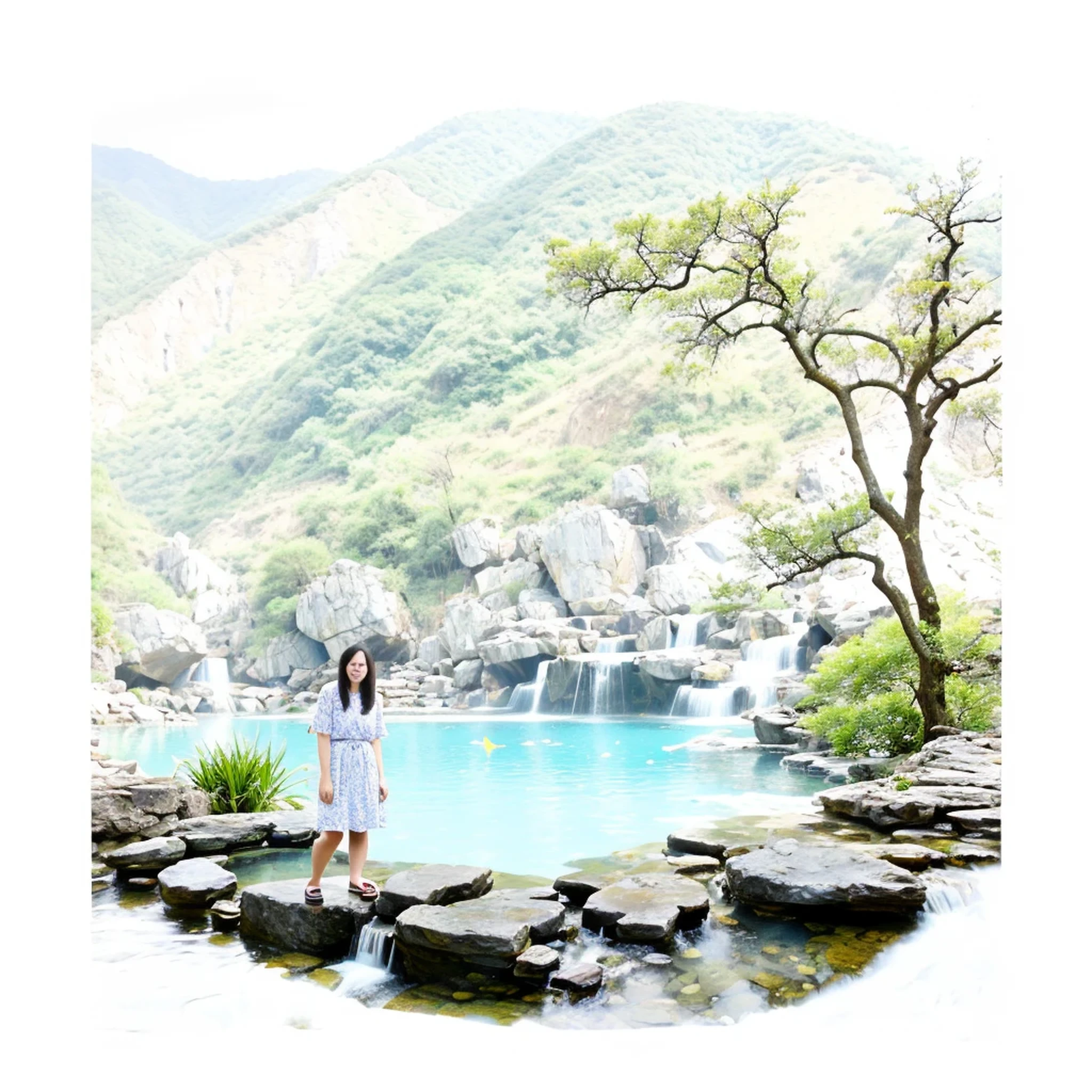 huaniao, [(white background:1.5)::5], mid shot, full body, chinese style, flowers,((fish)),stone fragment, beautiful detailed water,pool,