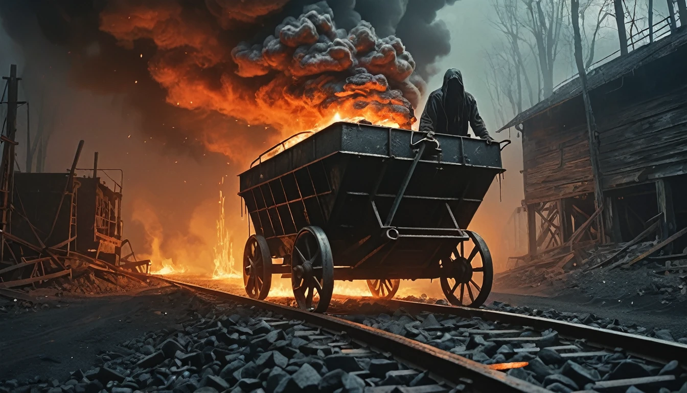 medium full shot shot, A ghostly figure with bright shining burning eyes pushing an old 1950 style coal mining cart on tracks low to the ground filled with coal in an abandoned mine that is on fire., (High Fantasy Art Magical mythical enchanted epic enigmatic spellbinding :1.3)
