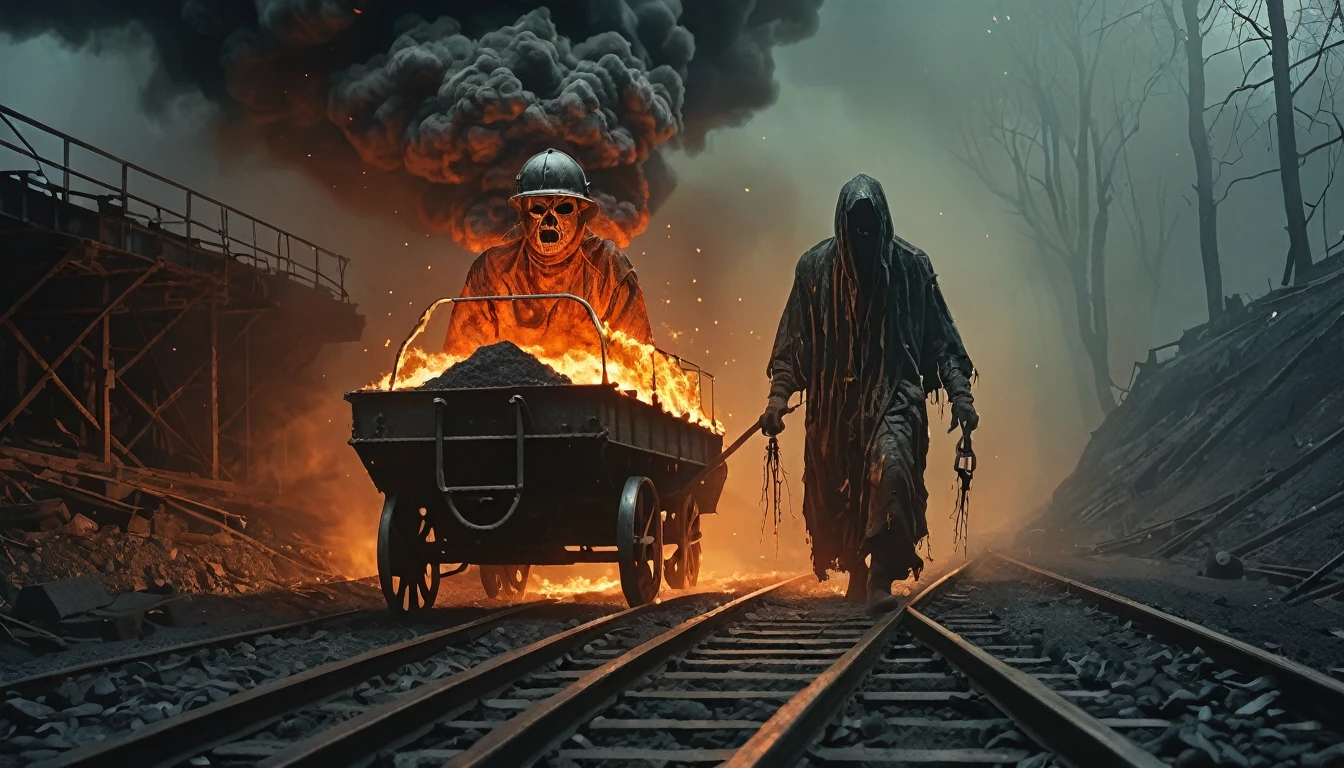 medium full shot shot, A ghostly figure with bright shining burning eyes pushing an old 1950 style coal mining cart on tracks low to the ground filled with coal in an abandoned mine that is on fire., (High Fantasy Art Magical mythical enchanted epic enigmatic spellbinding :1.3)