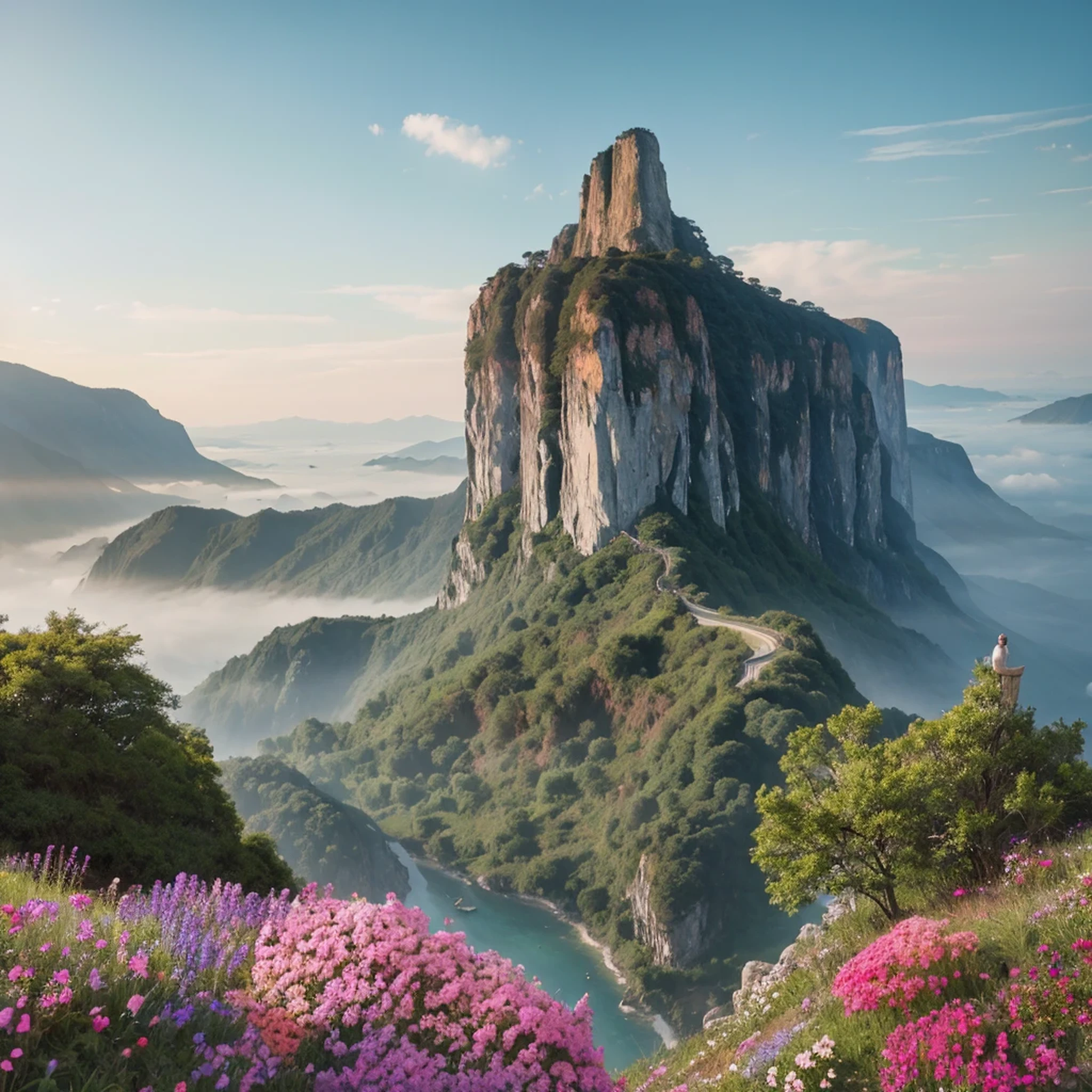 a cliff many flowers, colorful flowers, beautiful sky, matte painting 8k, matte paint 8K, vertical wallpaper 8K, vertical wallpaper 8K, vertical wallpaper 4K, vertical wallpaper 4K, lost series, realistic fantasy rendering, digital painting with 8K resolution, digital painting with 8K resolution, Jessica Rossier fantasy art, 4K rendered matte painting,  matte paint rendered in 3D  