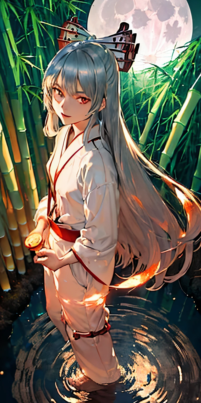 (masterpiece, best quality:1.3), (cinematic angle:1.3), Fujiwara no Mokou, Touhou Series, perfect face, expressive eyes, 1 girl, looking at viewer, 16 years old, beautiful, anime, lora, (silver hair, long hair, white shirt, red long pants:1.3), (look evil:1.5), (cinematic lighting, realistic, dream-like, enchanting atmosphere:1.5), (an old japanese mansion with moonlight leaking, in bamboo forest, midnight, big full moon:1.3), 
