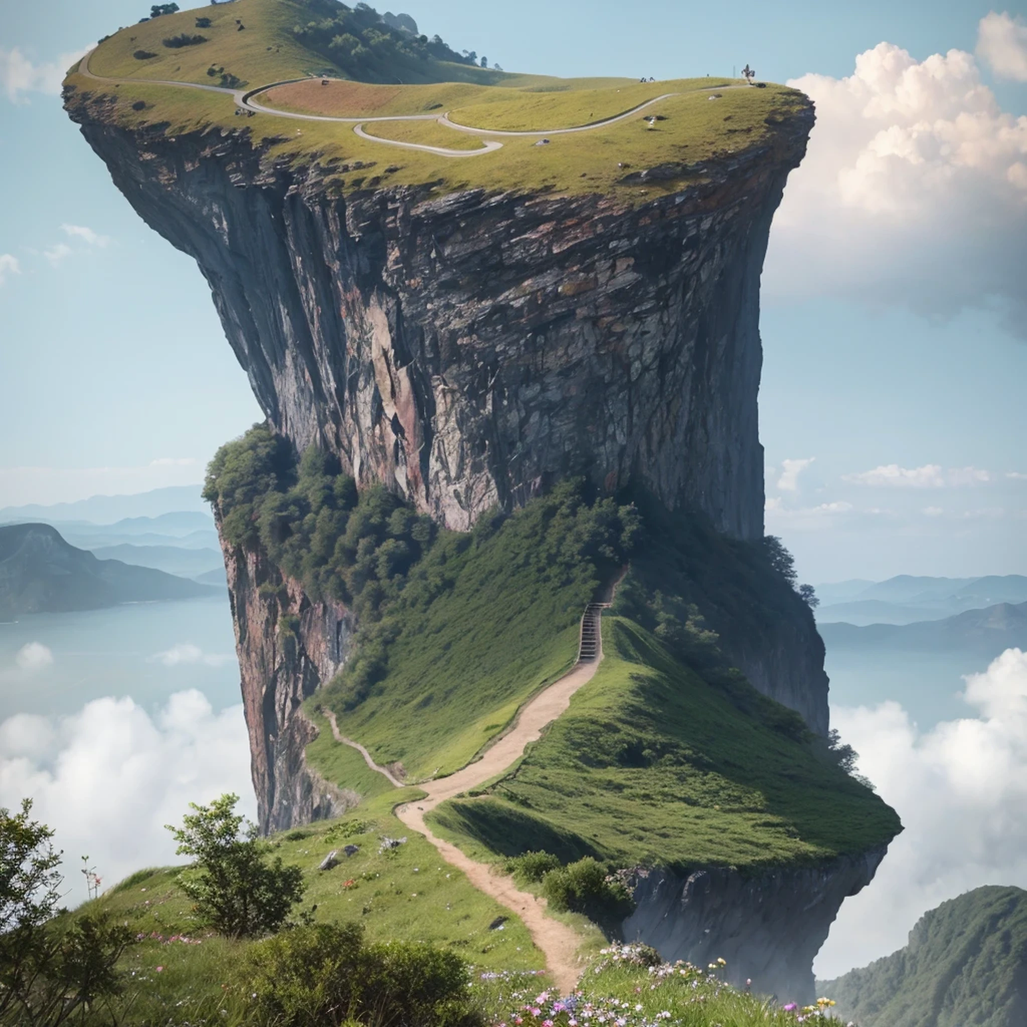 a cliff many flowers, colorful flowers, beautiful sky, matte painting 8k, matte paint 8K, vertical wallpaper 8K, vertical wallpaper 8K, vertical wallpaper 4K, vertical wallpaper 4K, lost series, realistic fantasy rendering, digital painting with 8K resolution, digital painting with 8K resolution, Jessica Rossier fantasy art, 4K rendered matte painting,  matte paint rendered in 3D  