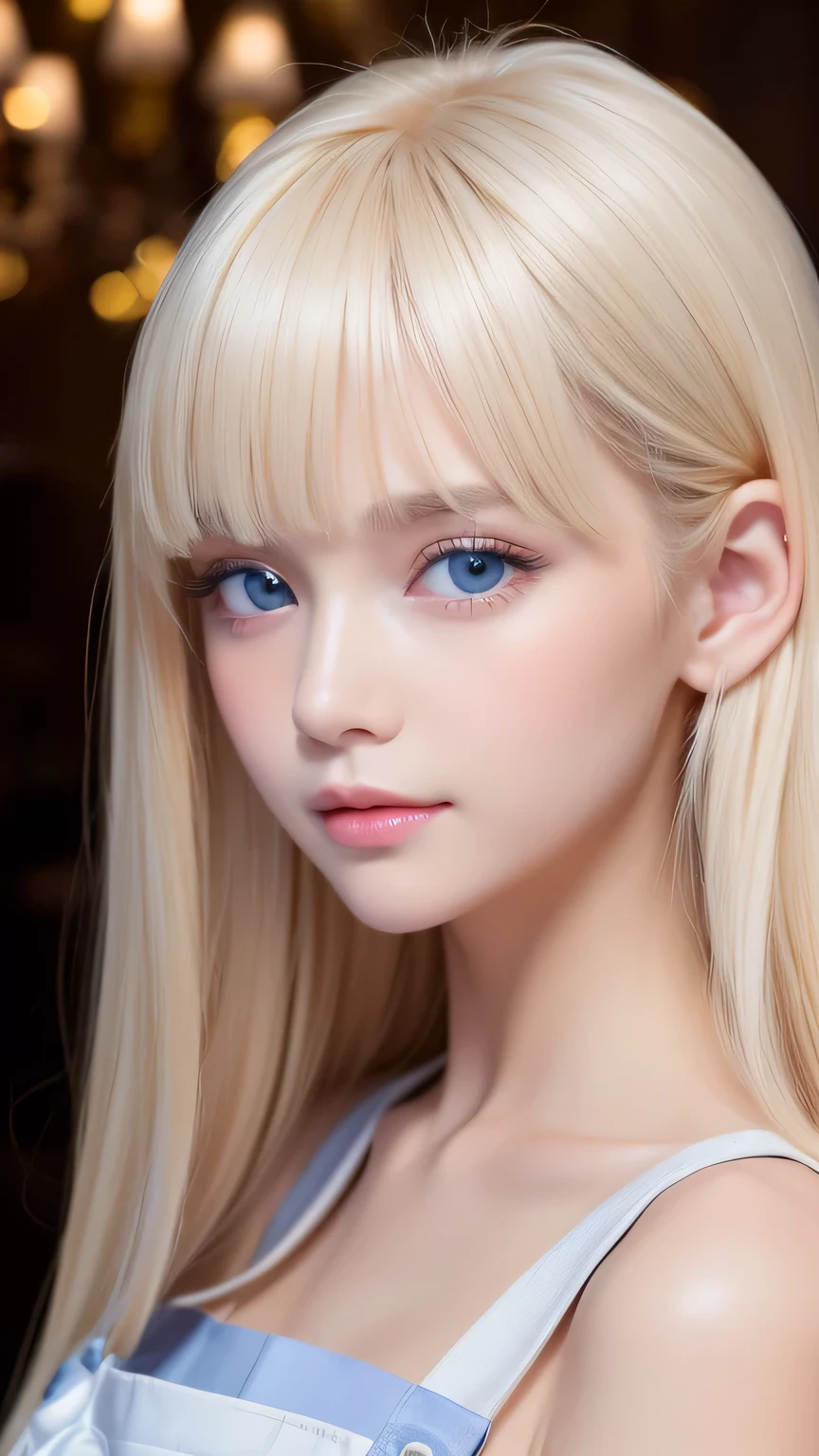 (Close-up:1.4)、(RAW shooting:1.2)、(Photorealistic:1.4)、(masterpiece:1.3)、(highest quality:1.4)、Bright expression、Very beautiful natural platinum blonde girl、Extraordinary platinum blonde beauty、Detailed cute and beautiful face、Beautiful bangs above the eyes、Shiny white glossy skin、Facial hair、Bangs that reach the face、Bangs between the eyes、Super long white blonde hair、Attractive bright natural platinum blonde super long straight silky hair、Thin Hair、Attractive shining beautiful bright clear light blue big eyes、White Apron、Yellow dress、eyeliner、Double eyelids、Ample Bust、Upper body、Small Face Beauty、Cheek gloss highlight