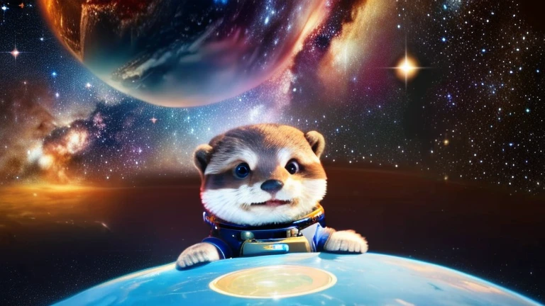 there is a cartoon otter in a space suit writing code on his laptop, outer space, outerspace, outer space, anthropomorphic otter in costume, in outer space, cute otter, otter wearing a spacesuit, anthropomorphic furry otter, from outer space, dreaming of outer space, fantasy otter love, otter, cute otter sailor eat cake, beautiful galaxies and bright stars in the background