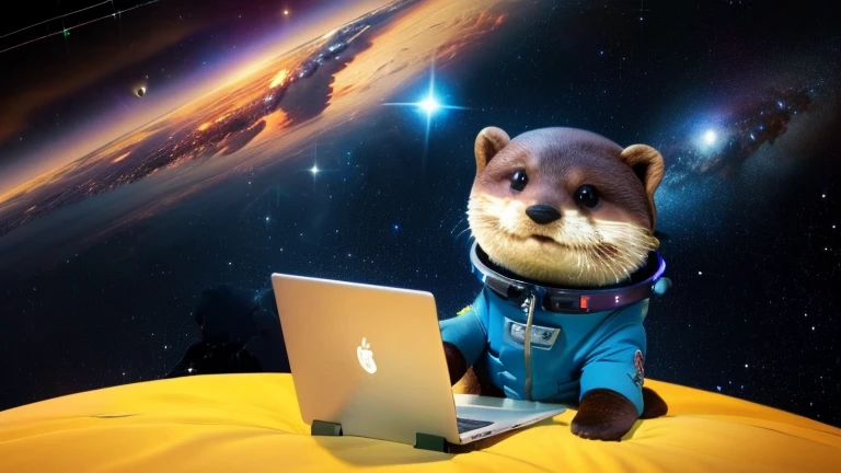 there is a cartoon otter in a space suit writing code on his laptop, outer space, outerspace, outer space, anthropomorphic otter in costume, in outer space, cute otter, otter wearing a spacesuit, anthropomorphic furry otter, from outer space, dreaming of outer space, fantasy otter love, otter, cute otter sailor eat cake, beautiful galaxies and bright stars in the background