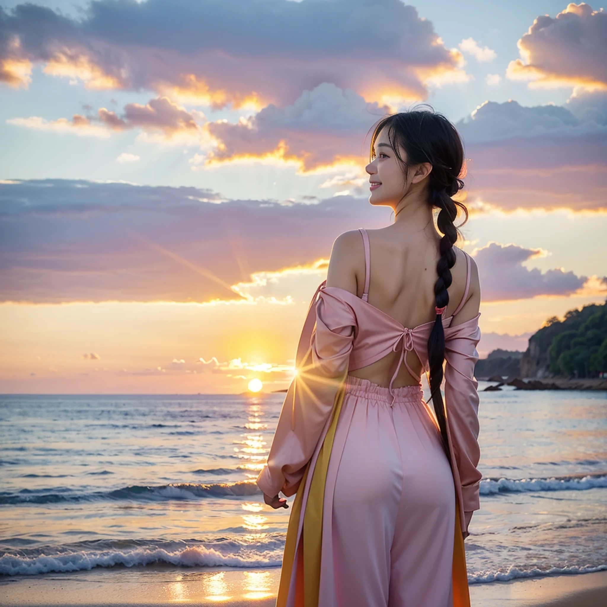 1girl, solo,smile, beach,(sunset:1.1),  akagi_rin(denchi-project), solo,  star hair ornament, twin braids,sparkle, from behind, looking back, huge sunset,red floating, uniform, night, waving, sea