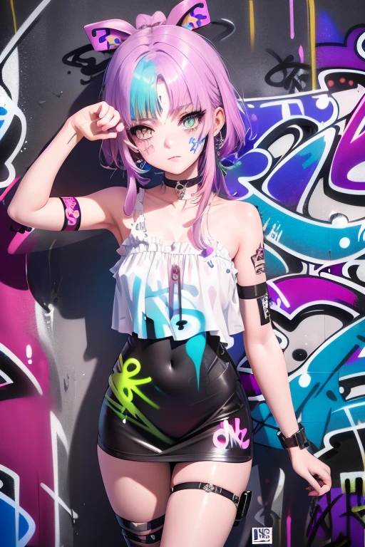 1girl, cute, choker, (graffiti:1.5), paint splatter, wall, looking at viewer, armband, thigh strap, head tilt, multicolored hair, aqua eyes, (sensual pose, full shot), (Highly detailed), (high resolution), (Best quality), (masterpiece)