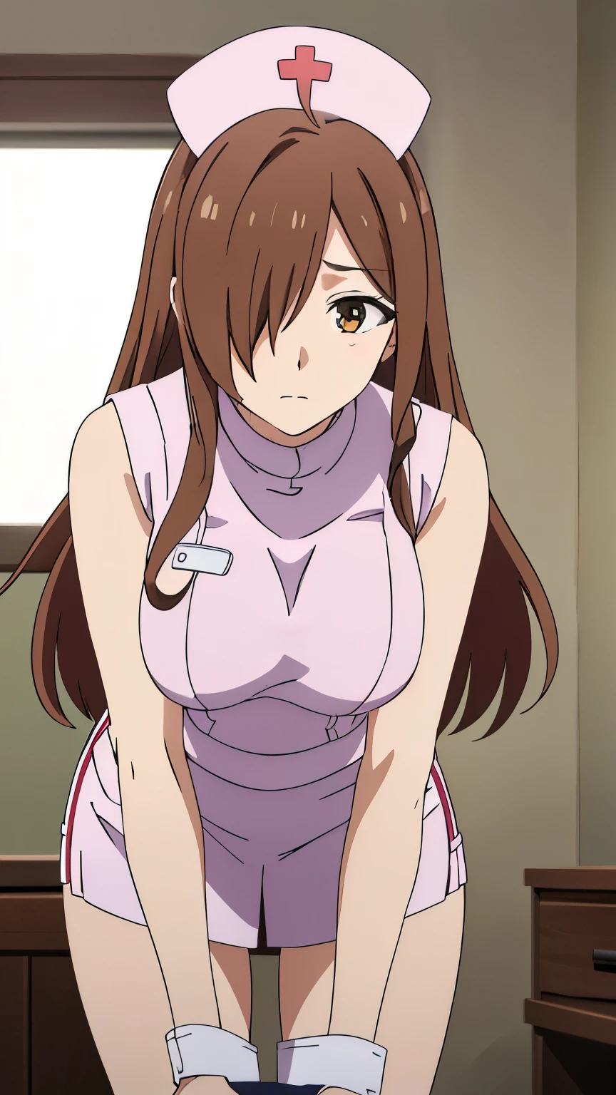 (best quality,8k,high-resolution,masterpiece:1.2),ultra-detailed, anime art style, dynamic angle, detailed brown hair, detailed eyes,wiz,1 girl, solo, adult style, large breasts, soft expression, long hair, ahoge, side lock, hair covering one eye,(nurse uniform, nurse hat, short skirt, indoor, sleeveless, :1.3)