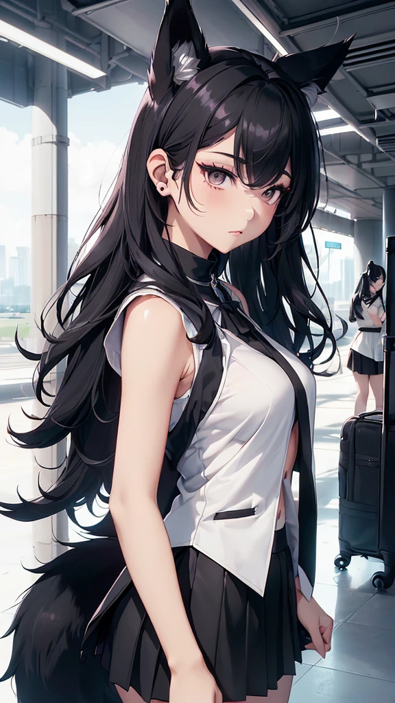 最high quality、best image quality、masterpiece、teenage girl((20-year-old、 By becoming、vest bust、medium bust,wide open breast tea、black eye, black hair、long hair、thin,highest valley、black suit、walk、black short skirt,chest、Eyeshadow Makeup、have a carry bag、back view、turn around、black extea long furry wolf tail、black extra large wolf pointint ears like bunny large ears)),high quality、beautiful art、background((airport、limousine))、debris flies、Depth of written boundary、movie、visual art、perfect art、8K,genuine、