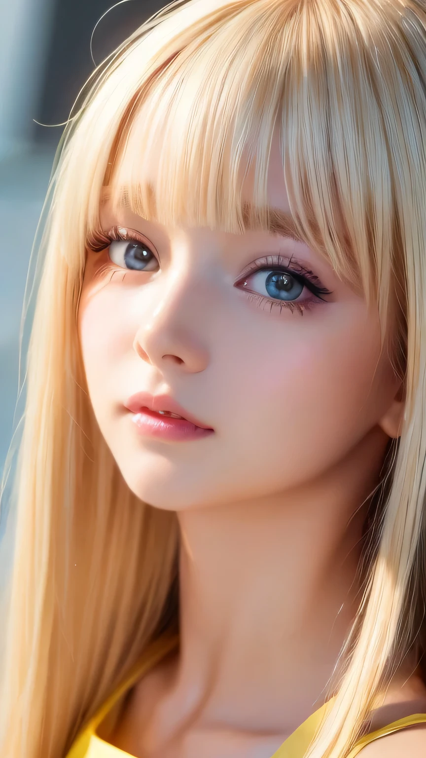 (Close-up:1.4)、(RAW shooting:1.2)、(Photorealistic:1.4)、(masterpiece:1.3)、(highest quality:1.4)、Bright expression、Very beautiful natural platinum blonde girl、Extraordinary platinum blonde beauty、Detailed cute and beautiful face、Beautiful bangs above the eyes、Shiny white glossy skin、Facial hair、Bangs that reach the face、Bangs between the eyes、Super long white blonde hair、Attractive bright natural platinum blonde super long straight silky hair、Thin Hair、Attractive shining beautiful bright clear light blue big eyes、White Apron、Yellow dress、eyeliner、Double eyelids、Ample Bust、Upper body、Small Face Beauty、Cheek gloss highlight