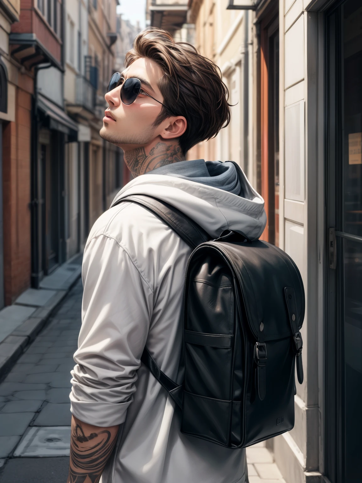 ultra high, Cinematic lens effect, Realistic Detail, Depth of field, 8k, Full HD, Super resolution, best quality, masterpiece, Super resolution, A man Light brown skin, put his hand on head, wearing black backpack, leaning his back against the wall, Narrow street, brown hair, grey eye, looking up to blue sky, wearing a white shirt, wearing white and red Hooded Jacket, he has sunglass, tattoo