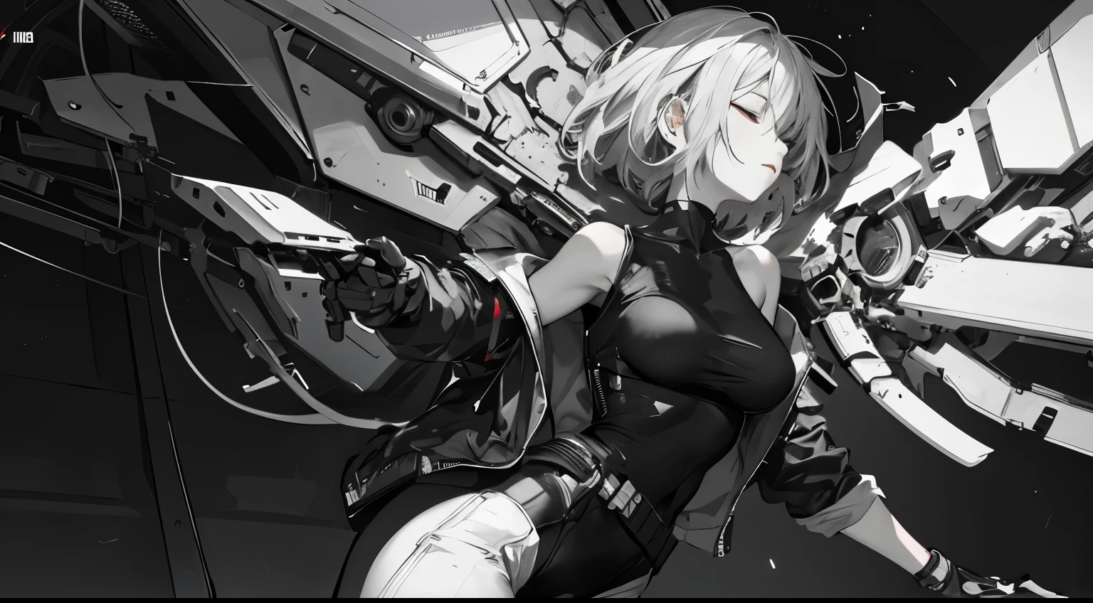 1girl, solo, breasts, short hair, gloves, medium breasts, jacket, monochrome, closed eyes, weapon, greyscale, lying, open clothes, pants, on back, off shoulder, lips, gun, tank top, science fiction, realistic, android, mechanical arms, cyborg, cyberpunk, mechanical parts