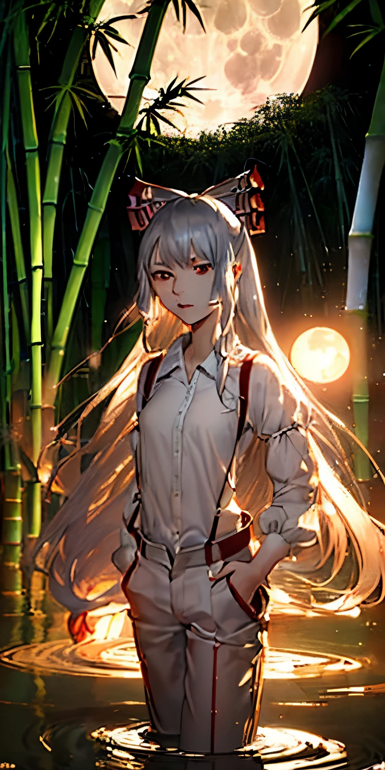 (masterpiece, best quality:1.3), (cinematic angle:1.3), Fujiwara no Mokou, Touhou Series, perfect face, expressive eyes, 1 girl, looking at viewer, , beautiful, anime, lora, (silver hair, long hair, white shirt, red long pants:1.3), (look evil:1.5), (cinematic lighting, realistic, dream-like, enchanting atmosphere:1.5), (an old japanese mansion with moonlight leaking, in bamboo forest, midnight, big full moon:1.3),