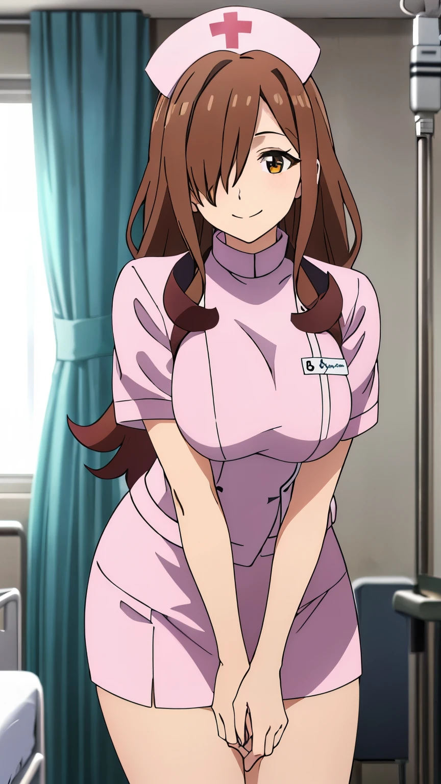 (best quality,8k,high-resolution,masterpiece:1.2),ultra-detailed, anime art style, dynamic angle, detailed brown hair, detailed eyes,wiz,1 girl, solo, adult style, large breasts, soft expression, long hair, ahoge, side lock, hair covering one eye,(nurse uniform, nurse hat, short skirt, short sleeve, smile, hospital room :1.3)