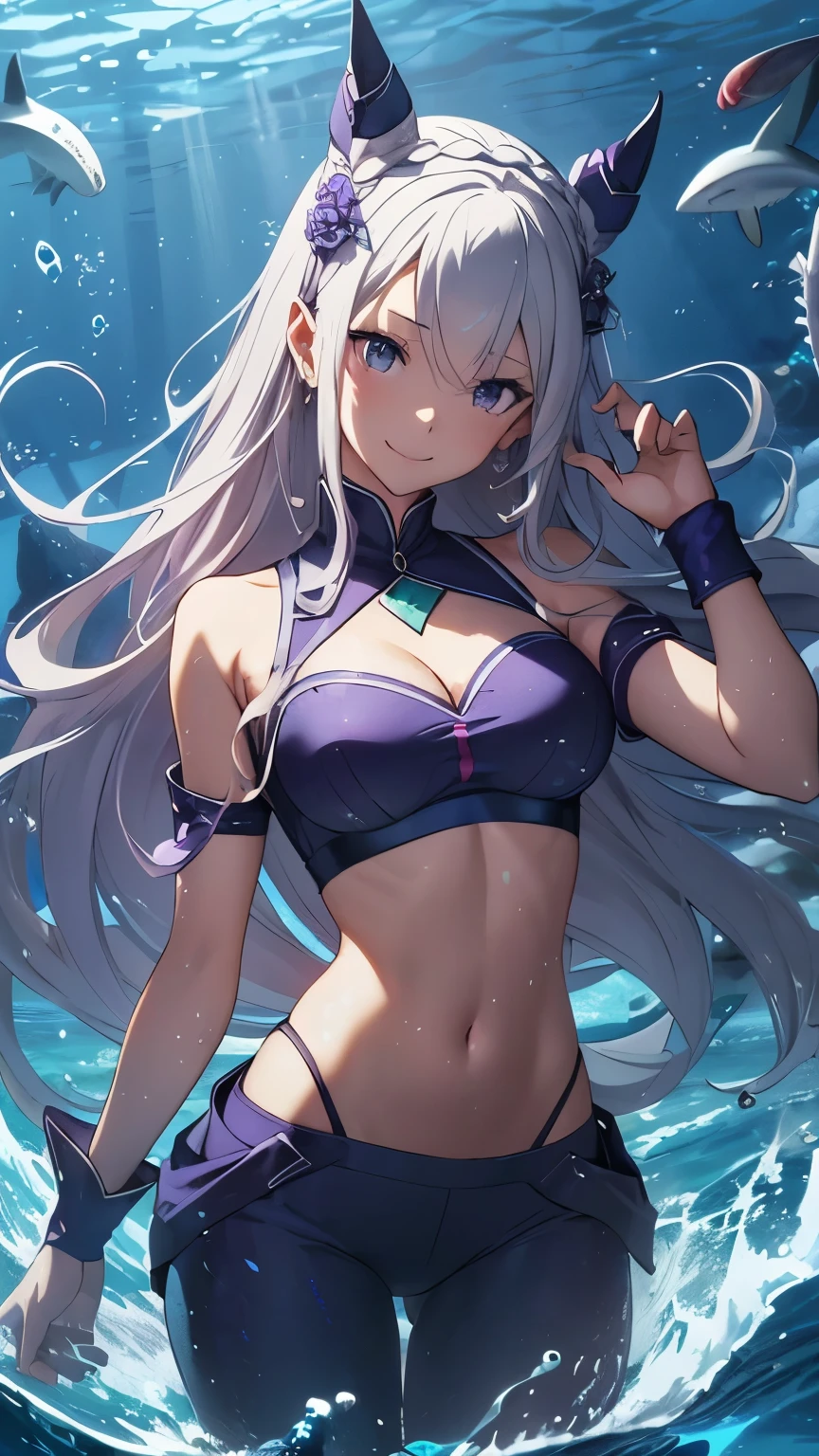 Emilia re:zero, purple eyes, Emilia, crown braid, x hair ornament, flower hair ornament, white hair, long hair, medium breasts, 最high quality、best image quality、masterpiece、girl((20-year-old、 By becoming、vest bust、medium bust,wide open breast tea、shining eyes, water hair、long hair、thin,highest valley、blue sports bra、Blue sports pants,diamond earrings、Wristband、black gloves、swimming、Sea、smile、smile、wave hands、seductive pose)),high quality、beautiful art、background((deep sea、Sea、shark、))、Flight、debris flies、Depth of written boundary、movie、visual art、perfect art、8K,genuine、Sea art、anime style