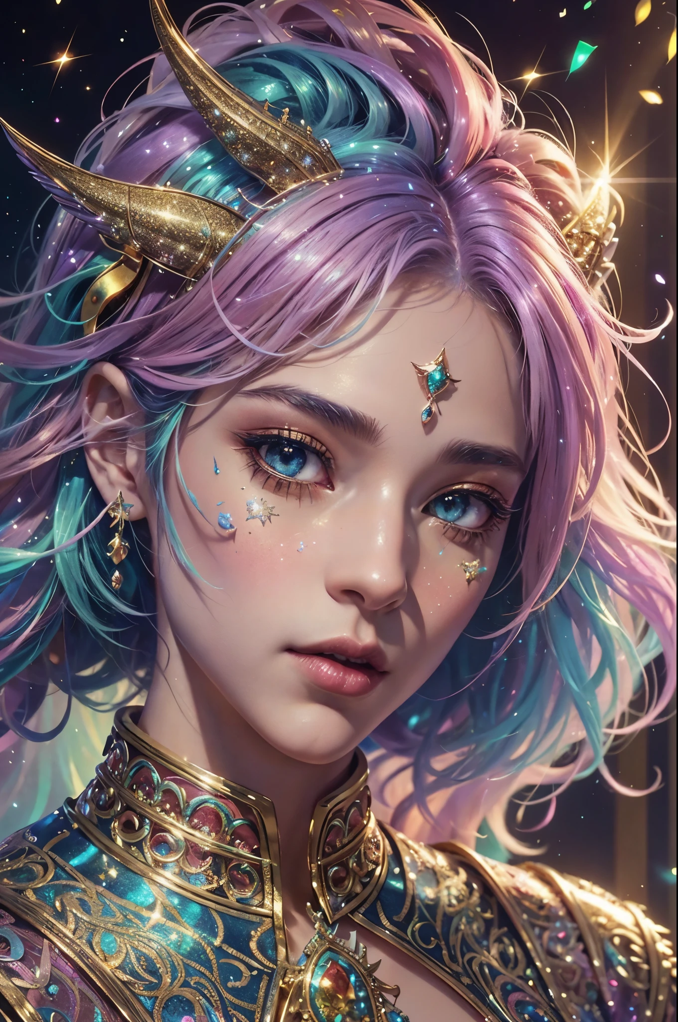 This is a highly detailed and semi-realistic fantasy art image with beautiful layers of shimmer, glimmering silks, and a glittering aesthetic. Create a beautiful and bold dragon man. The man resembles (((the musical artist Prince))). His eyes are important. His eyes are highly detailed with natural shading and realistic details. His face is important. His face should be androgynous and stunning. Prince has intricate and elegant horns, detailed and multi-colored scales, and a striking face. Include small and ornate details like smaller dragons and bright feathers. Use soft pastel hues with unexpected pops of bright color. Use compelling composition techniques and dynamic facial expressions to create a cinematic and unforgettable atmosphere. (((masterpiece))), (((best quality))), ((ultra-detailed)), (highly detailed CG illustration)
