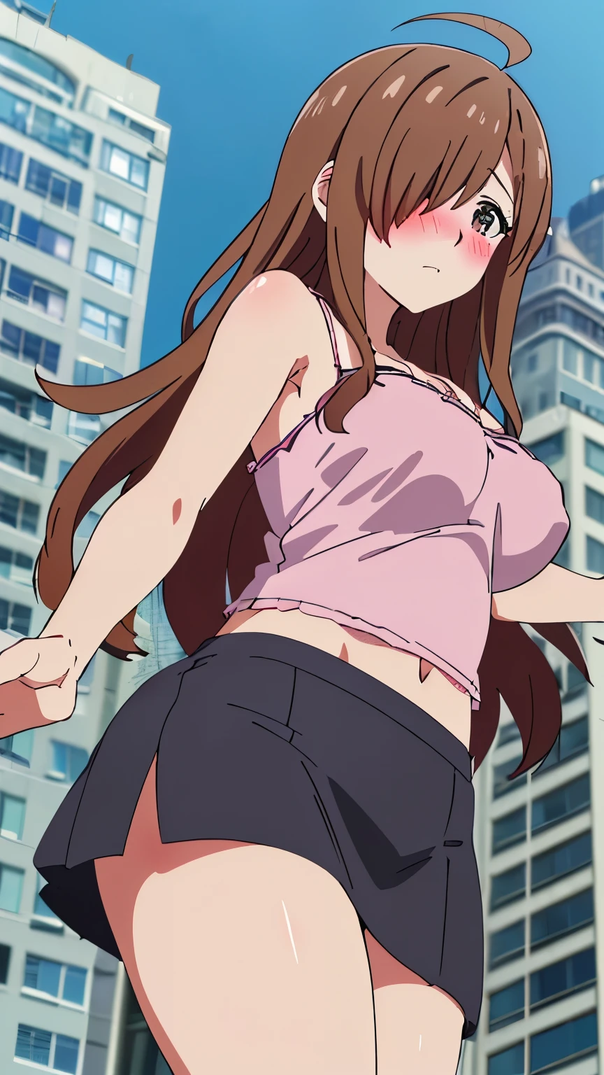 (best quality,8k,high-resolution,masterpiece:1.2),ultra-detailed, anime art style, dynamic angle, detailed brown hair, detailed eyes,wiz,1 girl, solo, adult style, large breasts, soft expression, long hair, ahoge, side lock, hair covering one eye,(camisole, miniskirt, city, blush, from below:1.3)