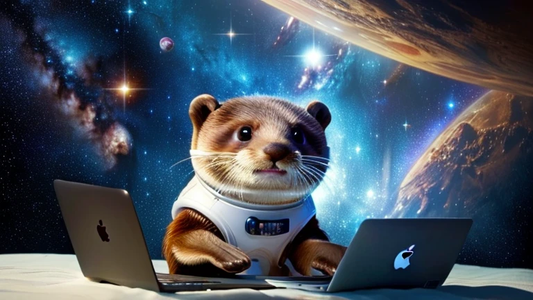 there is a cartoon otter in a space suit writing code on his Macbook Pro, outer space, outerspace, outer space, anthropomorphic otter in costume, in outer space, cute otter, otter wearing a spacesuit, anthropomorphic furry otter, from outer space, dreaming of outer space, fantasy otter love, otter, cute otter sailor eat cake, beautiful galaxies and bright stars in the background