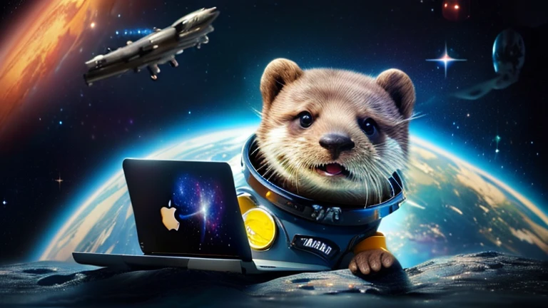 there is a cartoon otter in a space suit writing code on his Macbook Pro, outer space, outerspace, outer space, anthropomorphic otter in costume, in outer space, cute otter, otter wearing a spacesuit, anthropomorphic furry otter, from outer space, dreaming of outer space, fantasy otter love, otter, cute otter sailor eat cake, beautiful galaxies and bright stars in the background