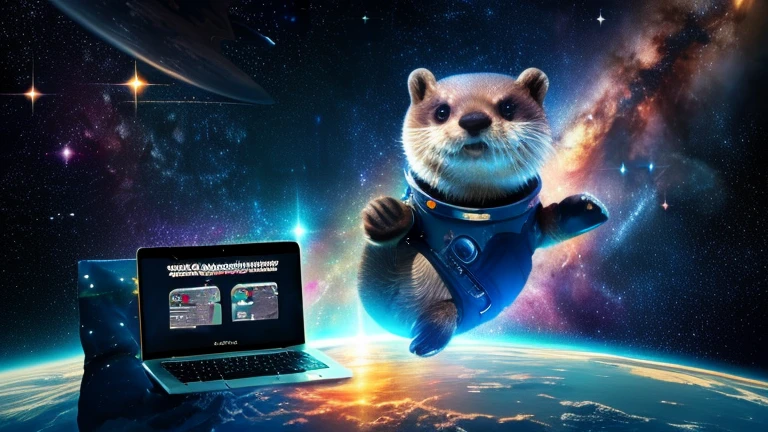 there is a cartoon otter in a space suit writing code on his Macbook Pro, outer space, outerspace, outer space, anthropomorphic otter in costume, in outer space, cute otter, otter wearing a spacesuit, anthropomorphic furry otter, from outer space, dreaming of outer space, fantasy otter love, otter, cute otter sailor eat cake, beautiful galaxies and bright stars in the background