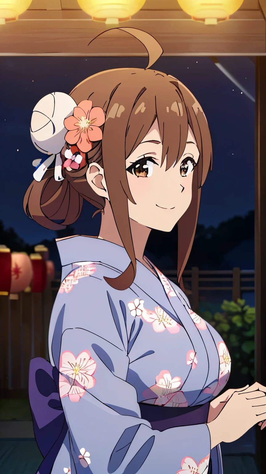 (best quality,8k,high-resolution,masterpiece:1.2),ultra-detailed, anime art style, dynamic angle, detailed brown hair, detailed eyes,wiz,1 girl, solo, adult style, large breasts, soft expression, long hair, ahoge, side lock,(floral pattern yukata, flower hair ornament, bun hair, smile, summer festival, night,:1.3)