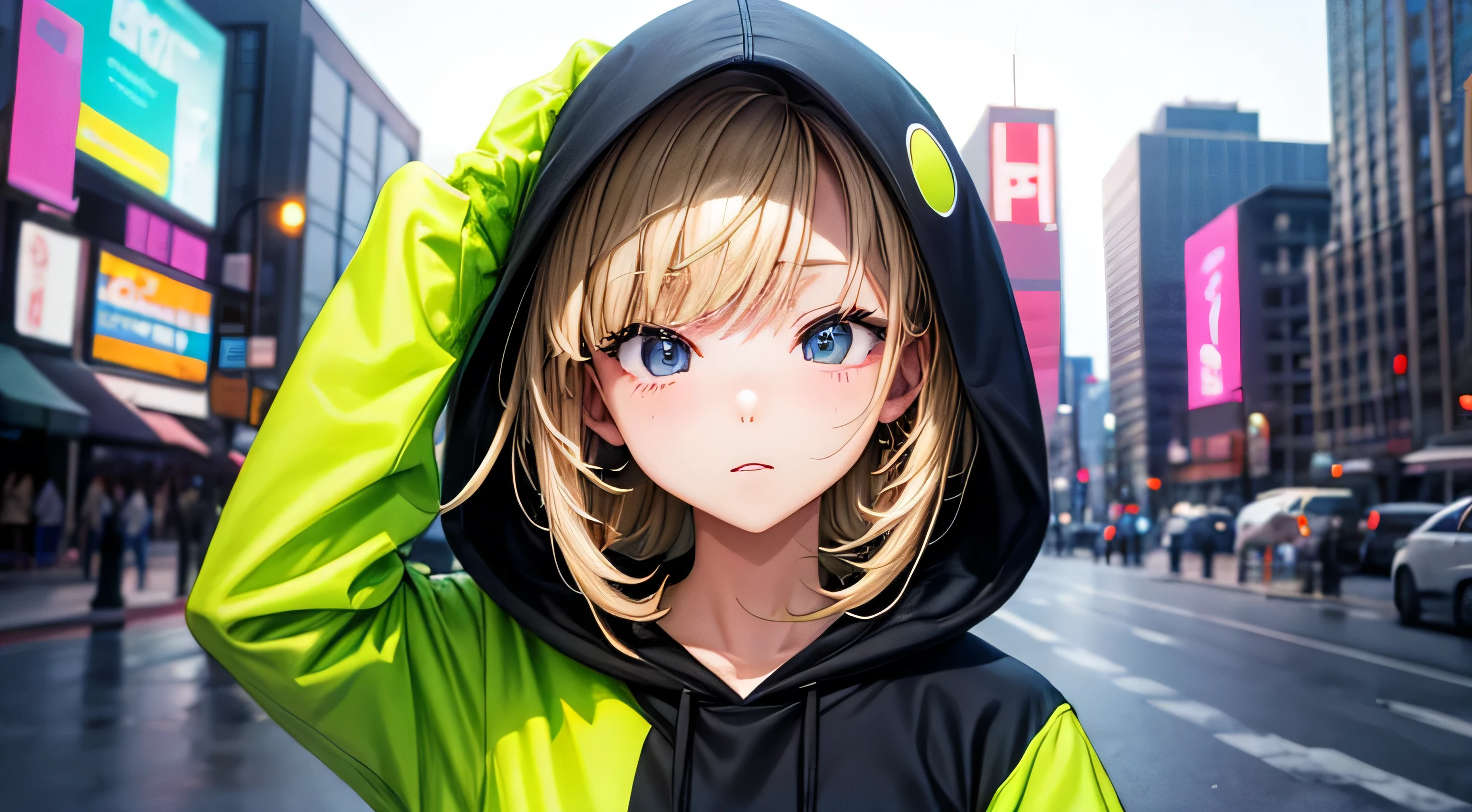 HIP-HOPファッション　Large hoodie　Fluorescent Hoodies　Perfect and detailed facial expression　Perfect and detailed clothing　Perfect and detailed hair　Perfect detailed upper body portrait with downtown in the background