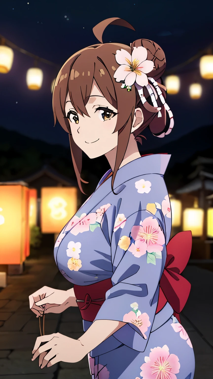 (best quality,8k,high-resolution,masterpiece:1.2),ultra-detailed, anime art style, dynamic angle, detailed brown hair, detailed eyes,wiz,1 girl, solo, adult style, large breasts, soft expression, long hair, ahoge, side lock,(floral pattern yukata, flower hair ornament, bun hair, smile, summer festival, night,:1.3),cowboy shot