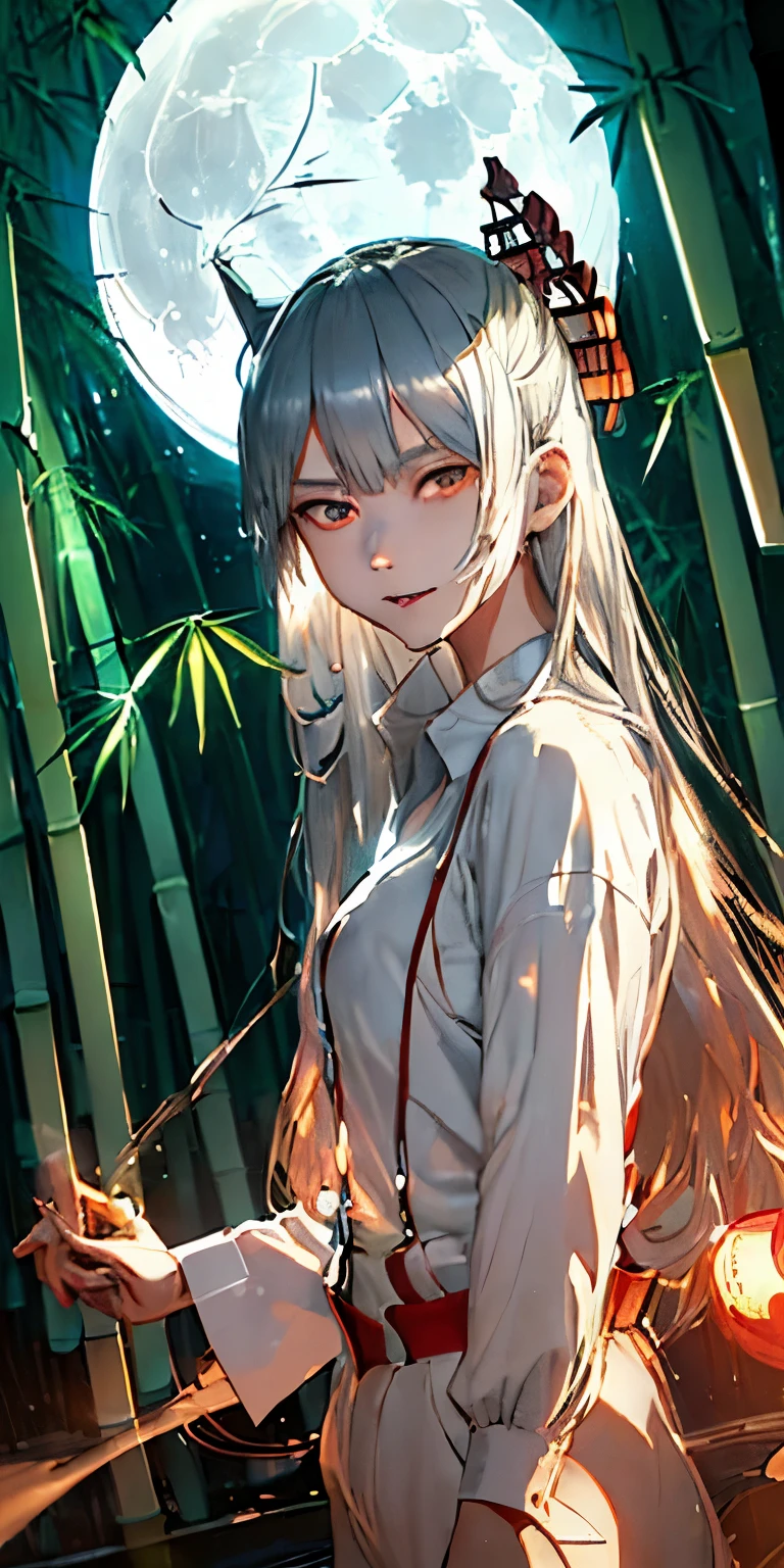 (masterpiece, best quality:1.3), (cinematic angle:1.3), Fujiwara no Mokou, Touhou Series, perfect face, expressive eyes, 1 girl, looking at viewer, , beautiful, anime, lora, (silver hair, long hair, white shirt, red pants:1.3), (look evil:1.5), (cinematic lighting, realistic, dream-like, enchanting atmosphere:1.5), (an old japanese mansion with moonlight leaking, in bamboo forest, midnight, big full moon:1.3),