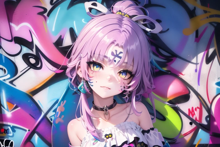 1girl, cute, choker, (graffiti:1.5), paint splatter, wall, looking at viewer, armband, thigh strap, head tilt, multicolored hair, aqua eyes, (sensual pose, full shot), (Highly detailed), (high resolution), (Best quality), (masterpiece)