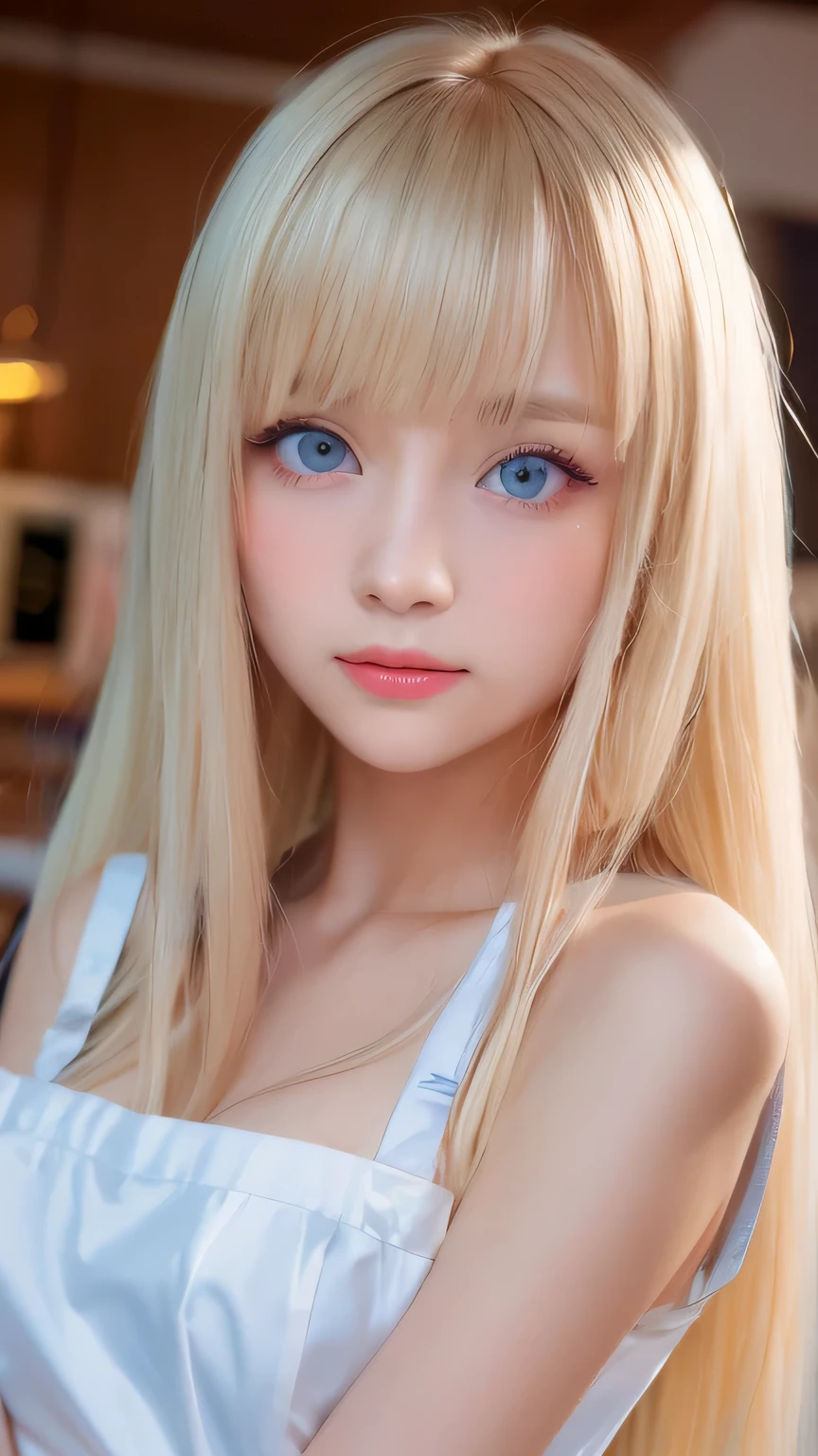 (Close-up:1.4)、(RAW shooting:1.2)、(Photorealistic:1.4)、(masterpiece:1.3)、(highest quality:1.4)、Bright expression、Very beautiful natural platinum blonde girl、Extraordinary platinum blonde beauty、Detailed cute and beautiful face、Beautiful bangs above the eyes、Shiny white glossy skin、Facial hair、Bangs that reach the face、Bangs between the eyes、Super long white blonde hair、Attractive bright natural platinum blonde super long straight silky hair、Thin Hair、Attractive shining beautiful bright clear light blue big eyes、White Apron、Yellow dress、eyeliner、Double eyelids、Ample Bust、Upper body、Small Face Beauty、Cheek gloss highlight