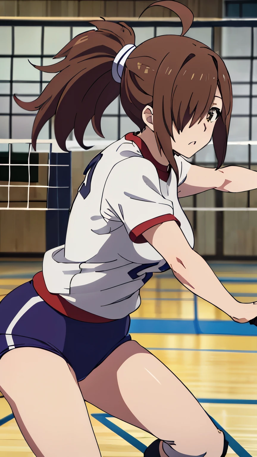 (best quality,8k,high-resolution,masterpiece:1.2),ultra-detailed, anime art style, dynamic angle, detailed brown hair, detailed eyes,wiz,1 girl, solo, adult style, large breasts, soft expression, long hair, ahoge, side lock, hair covering one eye,(volleyball wear, ponytail, gym:1.3)