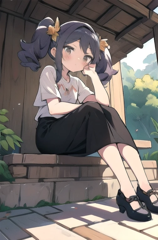 obra de arte,melhor qualidade,visto de baixo,1 garota,Sozinho,pernas cruzadas,sitting position,Sem sapatos,cintura fina,(pencil skirt:1.2),coxas pretas,camisa social,kisaki,cabelo preto,duplo bom,twintails,enfeite de cabelo de borboleta,Cabelo longo,seios pequenos,