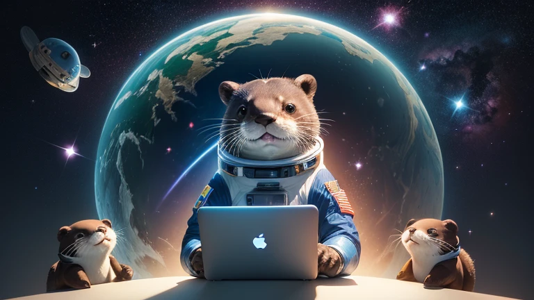 there is a cartoon otter in a space suit typing on his Macbook Pro, outer space, outerspace, outer space, anthropomorphic otter in costume, in outer space, cute otter, otter wearing a spacesuit, anthropomorphic furry otter, from outer space, dreaming of outer space, fantasy otter love, otter, cute otter sailor eat cake, beautiful galaxies and bright stars in the background