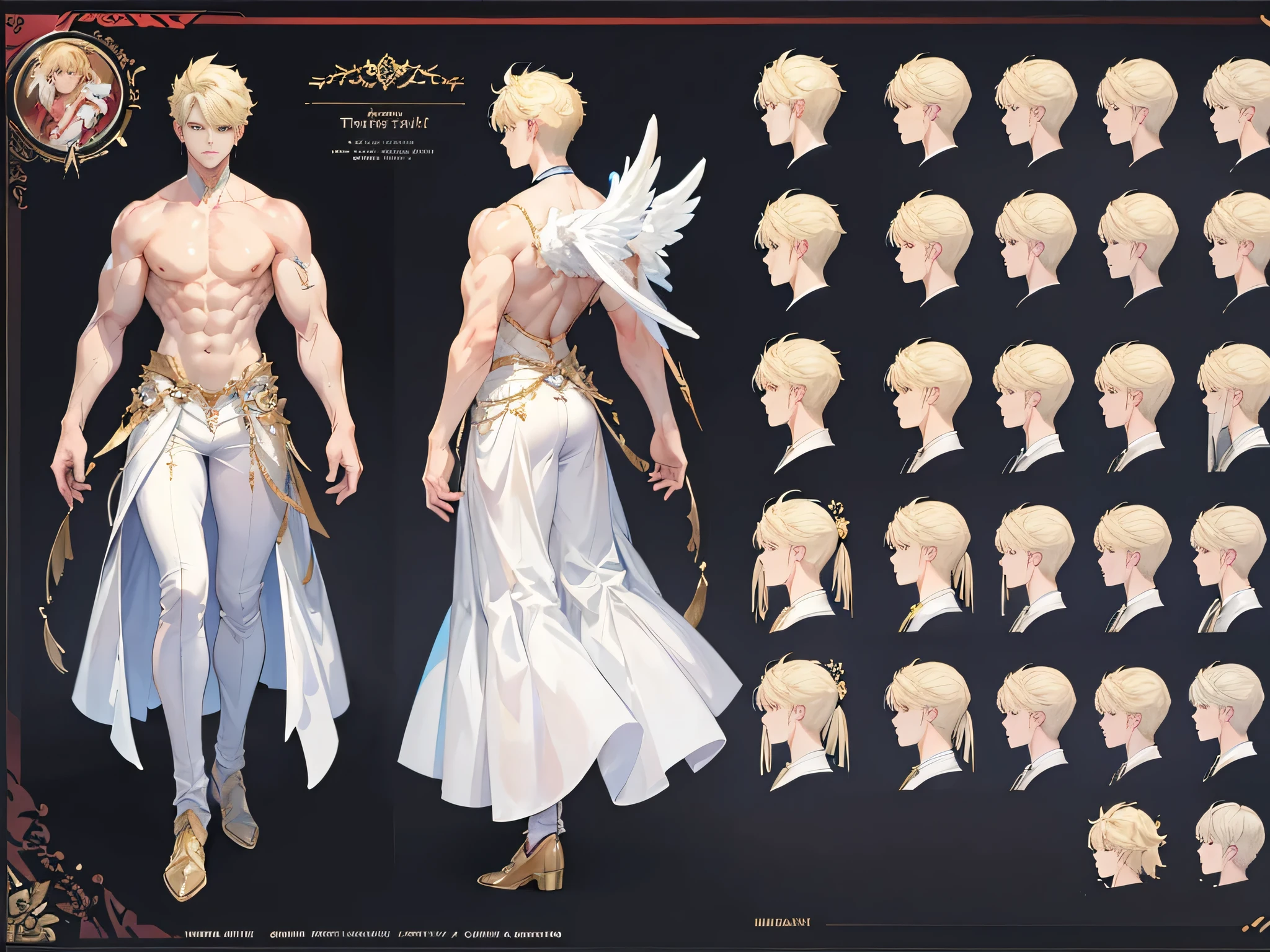 ((Masterpiece, Highest quality)), Male, boy, Detailed face, character design sheet, full bodyesbian, Full of details, frontal body view, back body view, Highly detailed, Depth, Many parts, angel wings, angel outfit, Muscle boy with blond hair,handsome man, male angel , man tall,