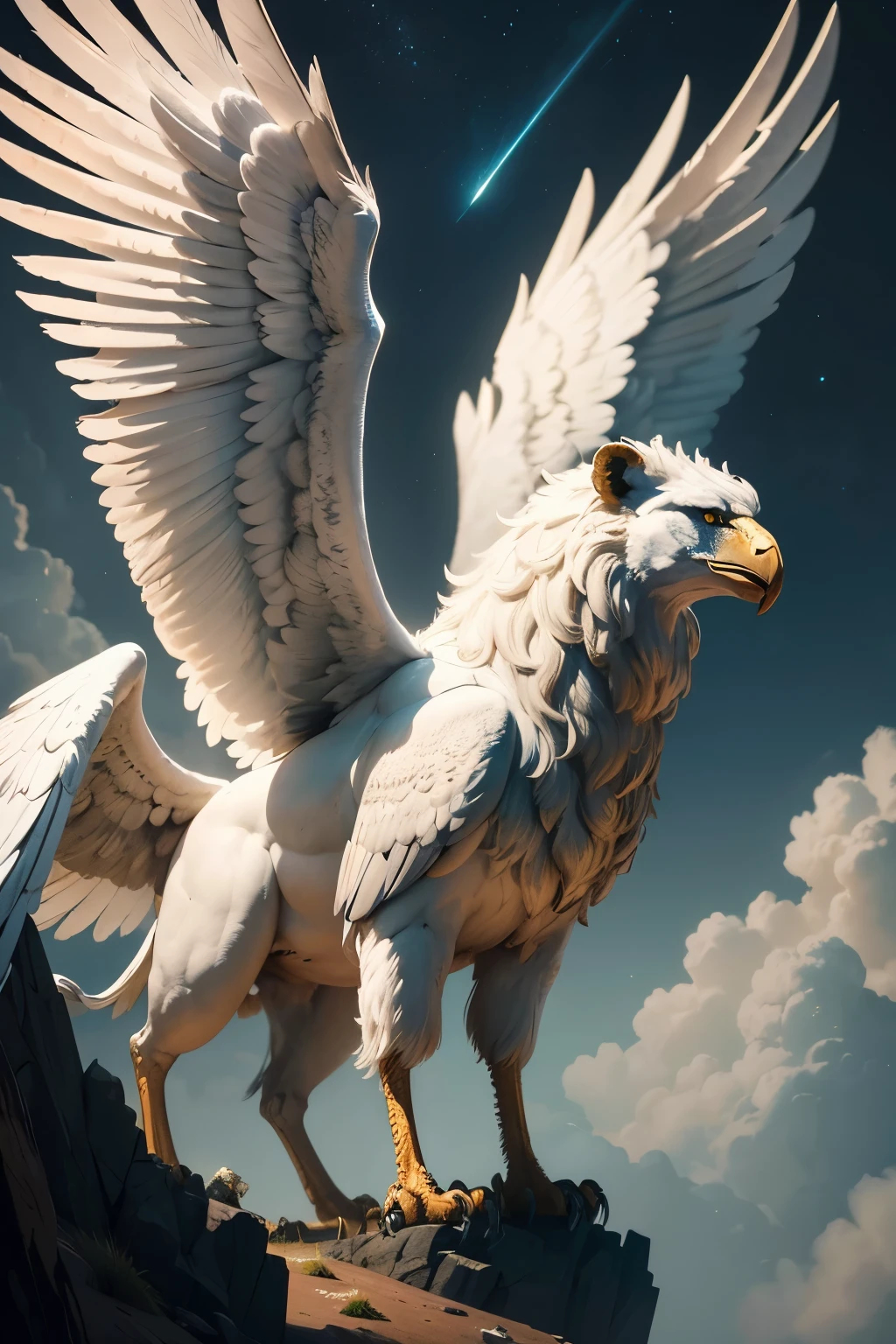 Um altamente detalhado, full body representation of a white griffin, featuring a lion body mix, eagle head and wings in a dramatic forest setting under a warm night sky, suave, vibrante, pintura digital, fosco, sharp focus, por artgerm, Greg Rutkowski e Zdislav Beksinski, with a touch of magical realism, detalhes requintados, incluindo penas, pelagem, e garras, where the griffin is ready to leap into flight, trends on Artstation, salvando a imagem em qualidade 4K UHD