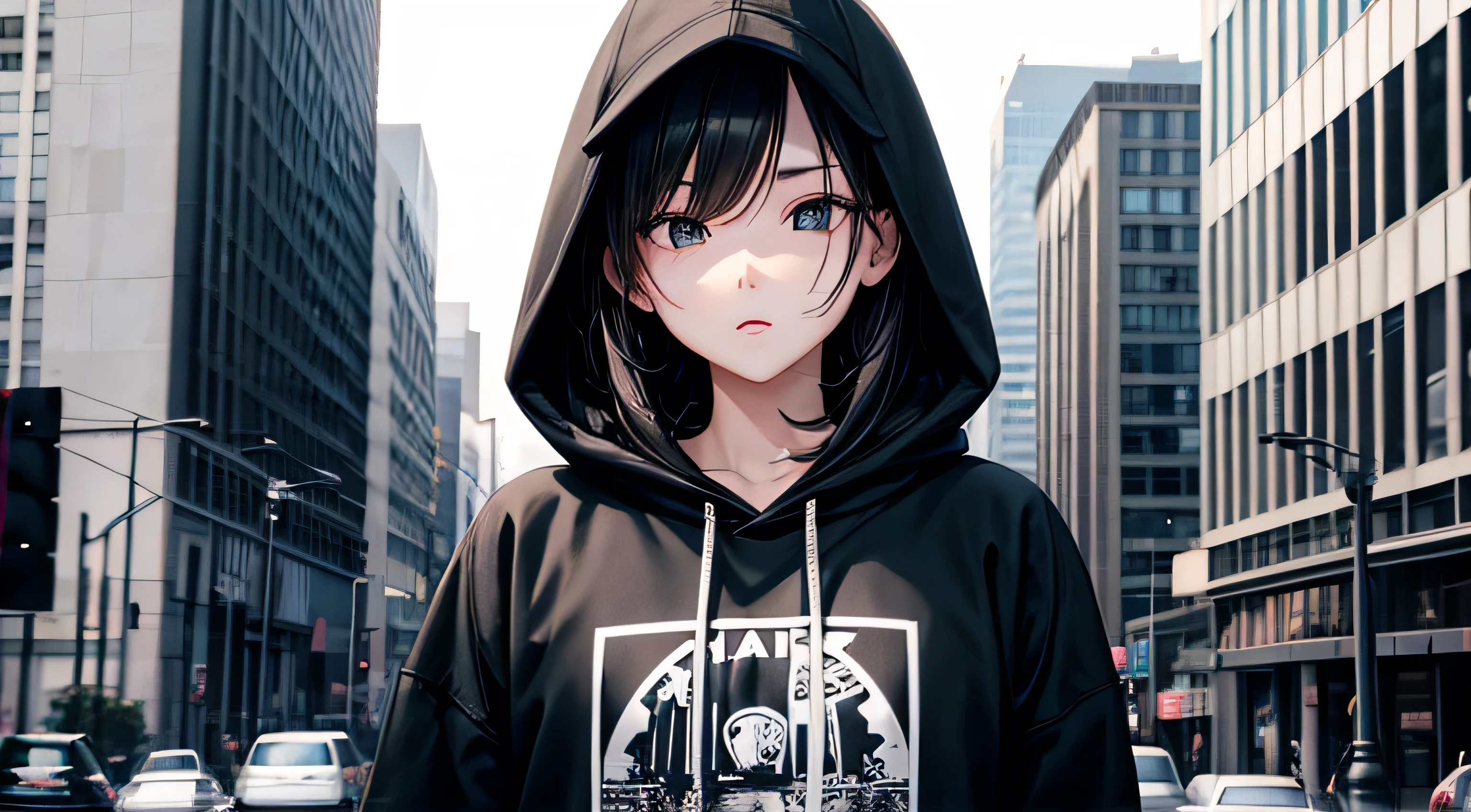 HIP-HOPファッション　Large hoodie　Black hoodie　Perfect and detailed facial expression　Perfect and detailed clothing　Perfect and detailed hair　Perfect detailed upper body portrait with downtown in the background　Black and white photography