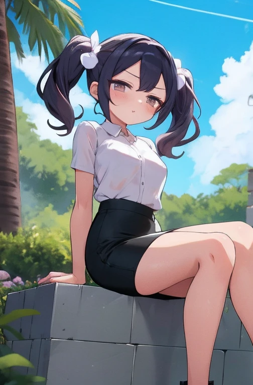 obra de arte,melhor qualidade,visto de baixo,1 garota,Sozinho,pernas cruzadas,sitting position,Sem sapatos,cintura fina,(pencil skirt:1.2),coxas pretas,camisa social,kisaki,cabelo preto,duplo bom,twintails,enfeite de cabelo de borboleta,Cabelo longo,seios pequenos,