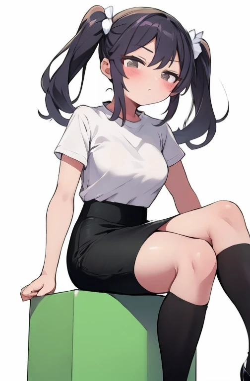 obra de arte,melhor qualidade,visto de baixo,1 garota,Sozinho,pernas cruzadas,sitting position,Sem sapatos,cintura fina,(pencil skirt:1.2),coxas pretas,camisa social,kisaki,cabelo preto,duplo bom,twintails,enfeite de cabelo de borboleta,Cabelo longo,seios pequenos,