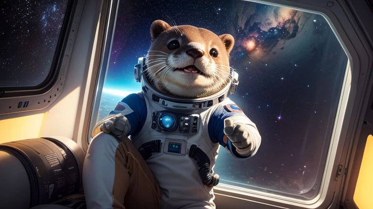 there is a cartoon otter in a space suit sitting in a window in Space, outer space, outerspace, outer space, anthropomorphic otter in costume, in outer space, cute otter, otter wearing a spacesuit, anthropomorphic furry otter, from outer space, dreaming of outer space, fantasy otter love, otter, cute otter sailor eat cake, beautiful galaxies and bright stars in the background