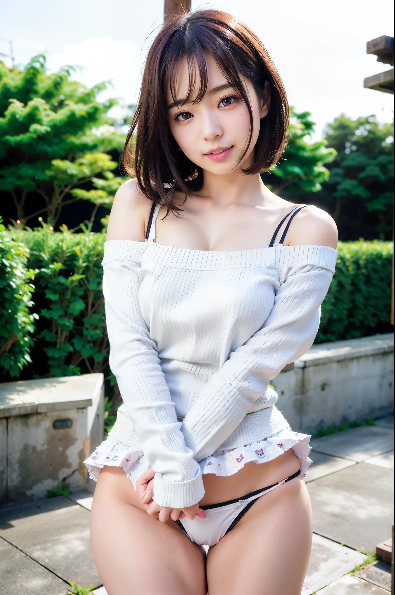 (skin blemish:1.2), (skindentation), black eye, 1woman, 25yo, (((woman))), solo, realistic, best quality, photorealistic, masterpiece, 8k, high res, solo, extremely detailed face, (professional lighting, bokeh), (light particles, lens flare, glowing particles:0.6), (dynamic pose:1.2), soft lighting, top angle view, fashionable and trendy atmosphere, skirt lift, japan, street, city, tokyo, harbour, ((daytime)), sky, ((looking at the viewer:1)), (looking at the camera),(portrait:0.6), cowboy shot, gorgeous, standing, keep original facial proportion, wide shoulder, full body, (huge breast), (short hair), brown hair, floating hair, lips, lipstick, seductive smile, floating hair, smile, open_mouth, teeth, (sleeves less white blouse), (jumper skirt), eyelashes, mole, (mole under eye:1),open legs,