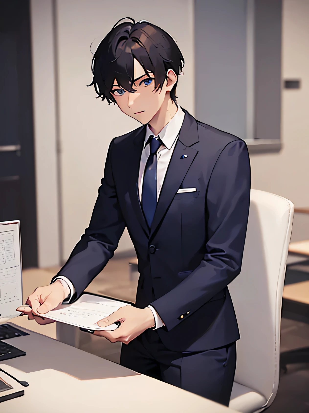 masterpiece、highest quality、(25-year-old male:1.5) and (Black short hair) and (blue eyes), (Wearing a suit:1.3)、Wearing a white shirt、Wearing a blue tie、Are stそしてing、Serious expression、The background is the office、(alone:1.5)、The upper body is shown、In-house、machine、Chair、PC