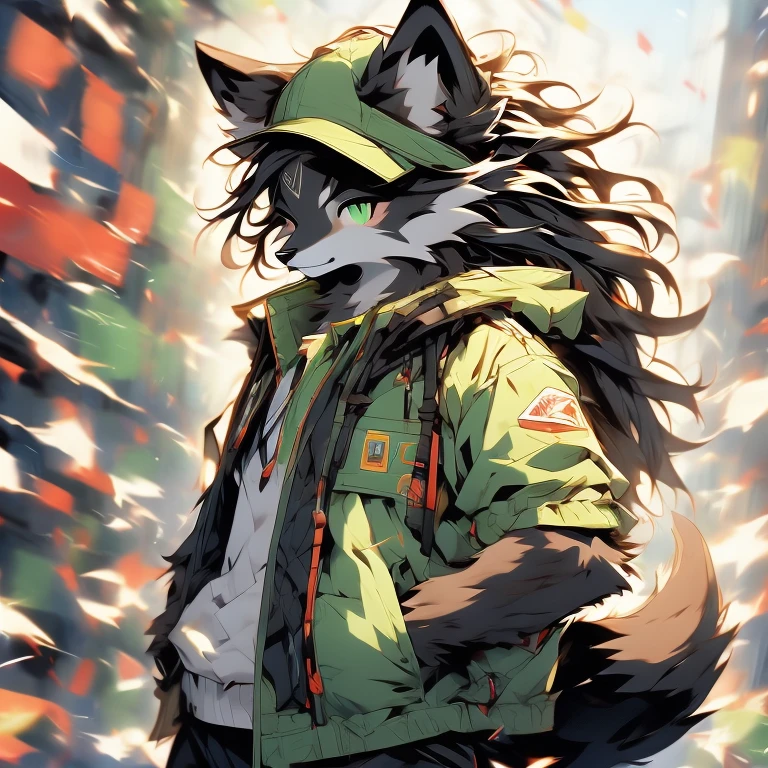 (wolf boy) (wolf girl) (-yeld (fle black wolf child), (bright green eyes), ((black fur, extremely long black hair))) (11-year-o (brown f child), (bright gold eyes), ((brown fur, short messy brown hair))) ((wolf girl yellow dress, newsboy-cap)) ((wolf boy gray-green jacket, khaki pants, hood down)) Fluffy anthropomorphic wolf, Fluffy wolf nose, wolf tail, Body fur, (detailed eyes)