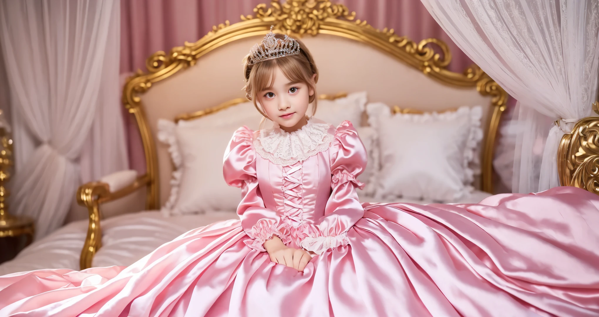 ,highest quality, masterpiece, Highest Resolution, artwork, super それにGet used to it, many Get used to it, Get used to it, それにGet used to it, 3K realistic photos,,((10 year old女の子)),Super detailed baby face,The two girls are princesses,Full-length ball gown dress with hoop skirt,Frilled yoke collar,Puff sleeves,Long sleeve,((ta style hot pink detailed princess satin dress、Lots of frills and ribbons。)),colorful rococo fashion,shiny satin dress,Soft and smooth fabric,luxury,Long blonde hair,blue eyes,White skin European,pajamas,((Inside the palace)),,,(( 10 year old)),Super detailed baby face,Full-length ball gown dress with hoop skirt,Long skirt,Frilled yoke collar,Puff sleeves,腰まで伸びるLong blonde hair,blue eyes,White skin European,pajamas,((Inside the palace bedroom)),シルクサテンのluxuryなCanopy bedの上,Canopy bed,Gorgeous curtains on either side of the bed,There were a lot of frilly pillows on the bed.,Highly detailed background,Detailed bed,Romantic atmosphere,Two little princesses on the bed,((((Her legs are hidden inside the dress)))),The dress is spread out on the bed,Soft silk satin comforter in pastel colors,Pastel colored silk satin bed sheets,Soft silk satin ruffle pillow in pastel colors,Beautiful girl illustration,Beautiful detailed face Detailed hair,Detailed human eye ,Mouth details, Arm details,Beautiful Hands,Detailed pillow,