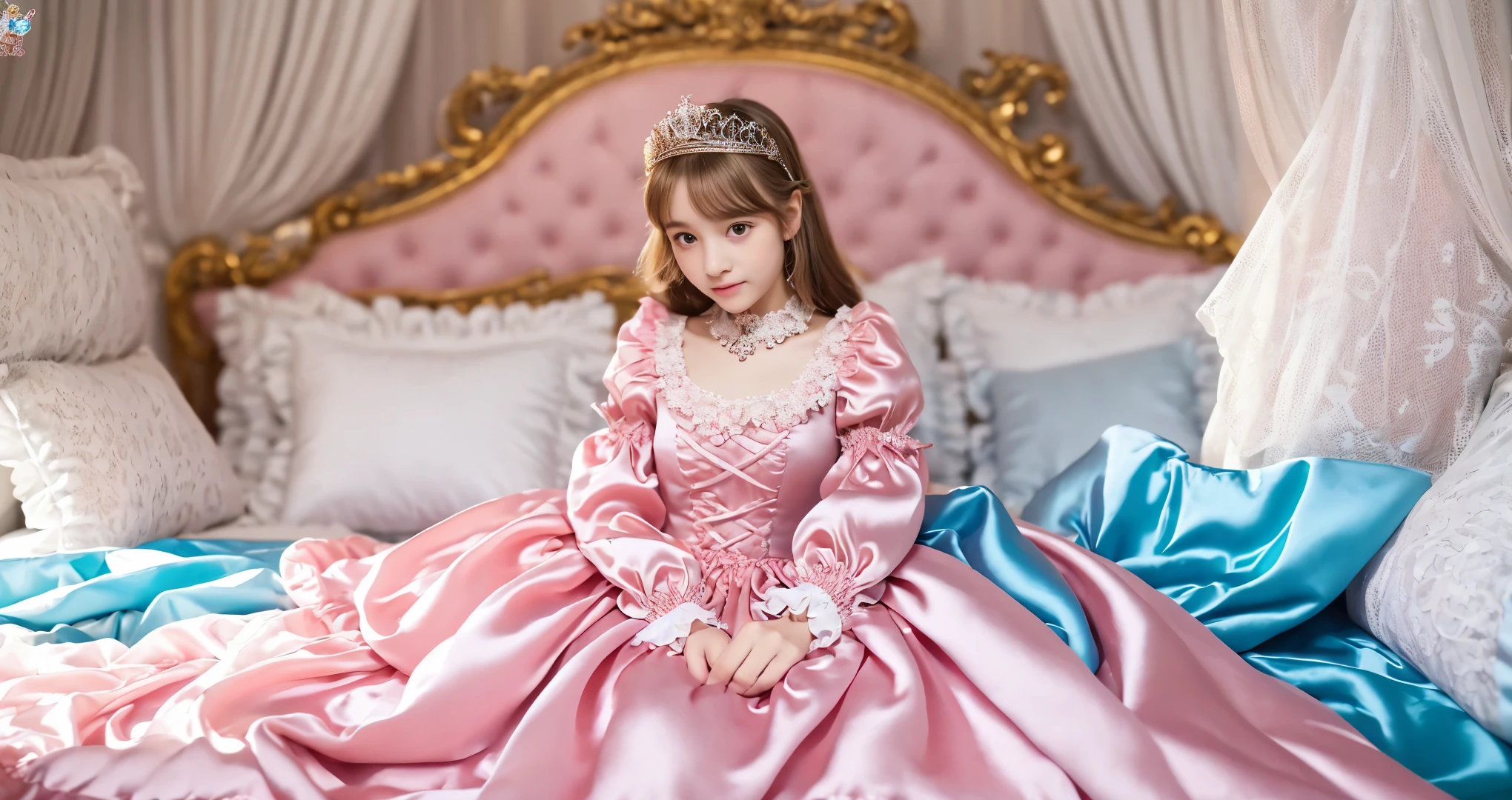 ,highest quality, masterpiece, Highest Resolution, artwork, super それにGet used to it, many Get used to it, Get used to it, それにGet used to it, 3K realistic photos,,((10 year old女の子)),Super detailed baby face,The two girls are princesses,Full-length ball gown dress with hoop skirt,Frilled yoke collar,Puff sleeves,Long sleeve,((Lolita style hot pink detailed princess satin dress、Lots of frills and ribbons。)),colorful rococo fashion,shiny satin dress,Soft and smooth fabric,luxury,Long blonde hair,blue eyes,White skin European,pajamas,((Inside the palace)),,,(( 10 year old)),Super detailed baby face,Full-length ball gown dress with hoop skirt,Long skirt,Frilled yoke collar,Puff sleeves,腰まで伸びるLong blonde hair,blue eyes,White skin European,pajamas,((Inside the palace bedroom)),シルクサテンのluxuryなCanopy bedの上,Canopy bed,Gorgeous curtains on either side of the bed,There were a lot of frilly pillows on the bed.,Highly detailed background,Detailed bed,Romantic atmosphere,Two little princesses on the bed,((((Her legs are hidden inside the dress)))),The dress is spread out on the bed,Soft silk satin comforter in pastel colors,Pastel colored silk satin bed sheets,Soft silk satin ruffle pillow in pastel colors,Beautiful girl illustration,Beautiful detailed face Detailed hair,Detailed human eye ,Mouth details, Arm details,Beautiful Hands,Detailed pillow,
